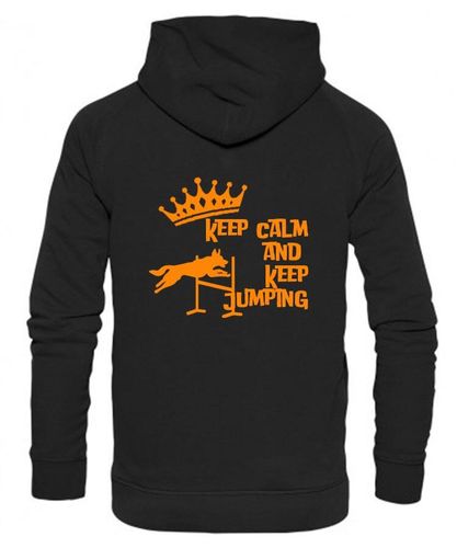 Keep Calm Keep Jumping Design on a Black Pullover Hoodie Orange Print