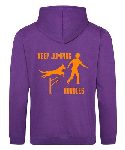 Keep Jumping Hurdles Design on a Purple Pullover Hoodie Orange Print