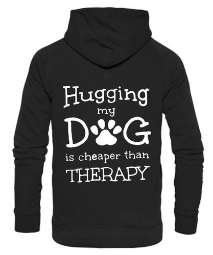 Hugging my Dog Design on a Black Pullover Hoodie White Print
