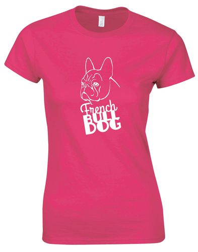 Female French Bulldog (Head) Roundneck T-Shirt Pink (White)