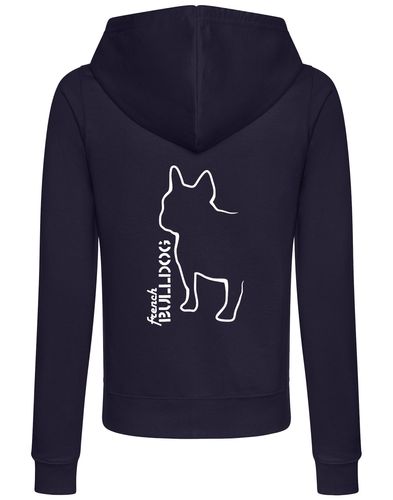 Female French Bulldog (Outline) Zipped Hoodie French Navy (White)