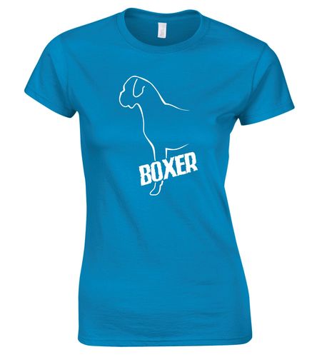 Female Boxer Ear Drop Roundneck T-Shirt Sapphire Blue (White)