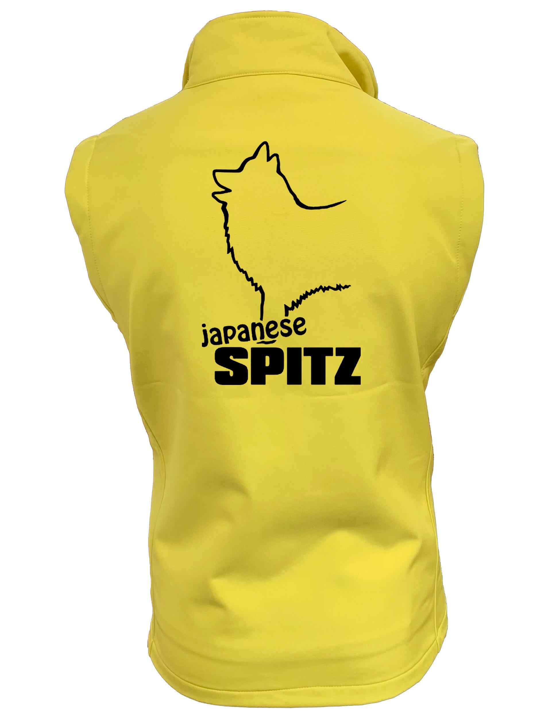 Unisex Softshell Gilet featuring detailed Japanese Spitz artwork, water-resistant fabric, and cozy fleece lining for outdoor comfort and style.