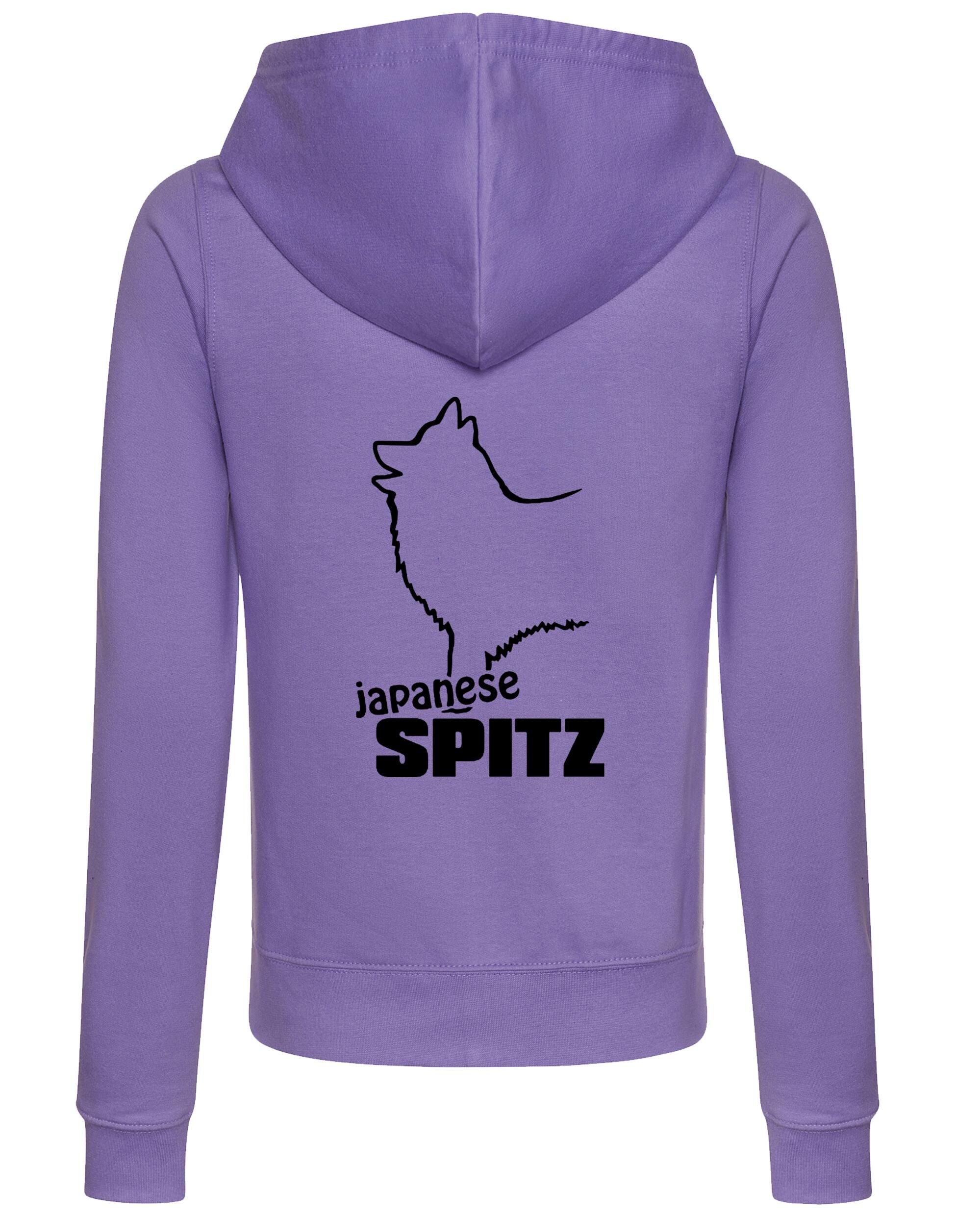 Women’s zipped hoodie featuring exclusive Japanese Spitz artwork, a cozy hood, and practical pockets, designed for breed enthusiasts.