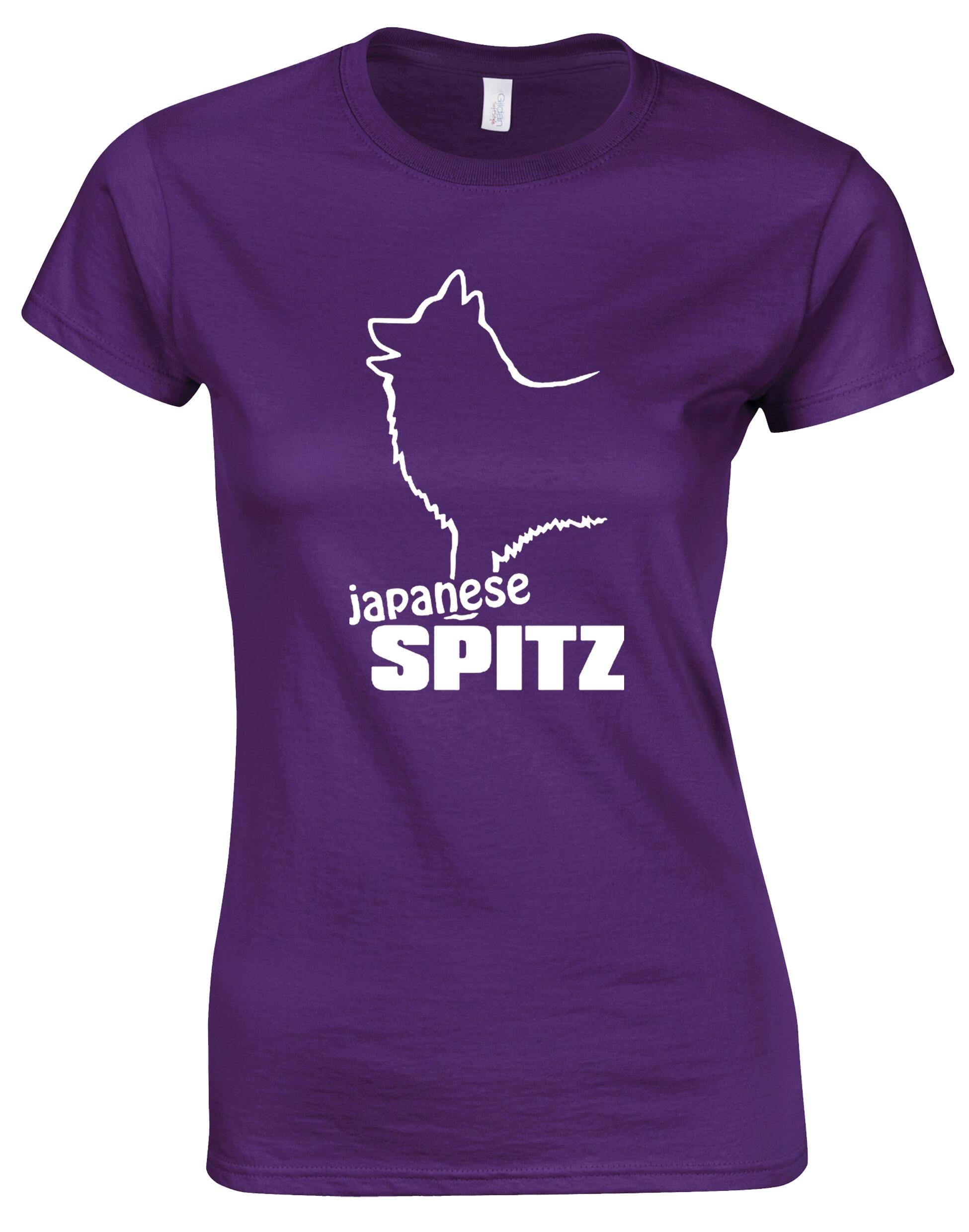 Female roundneck T-shirt featuring exclusive Japanese Spitz artwork, crafted for breed enthusiasts.