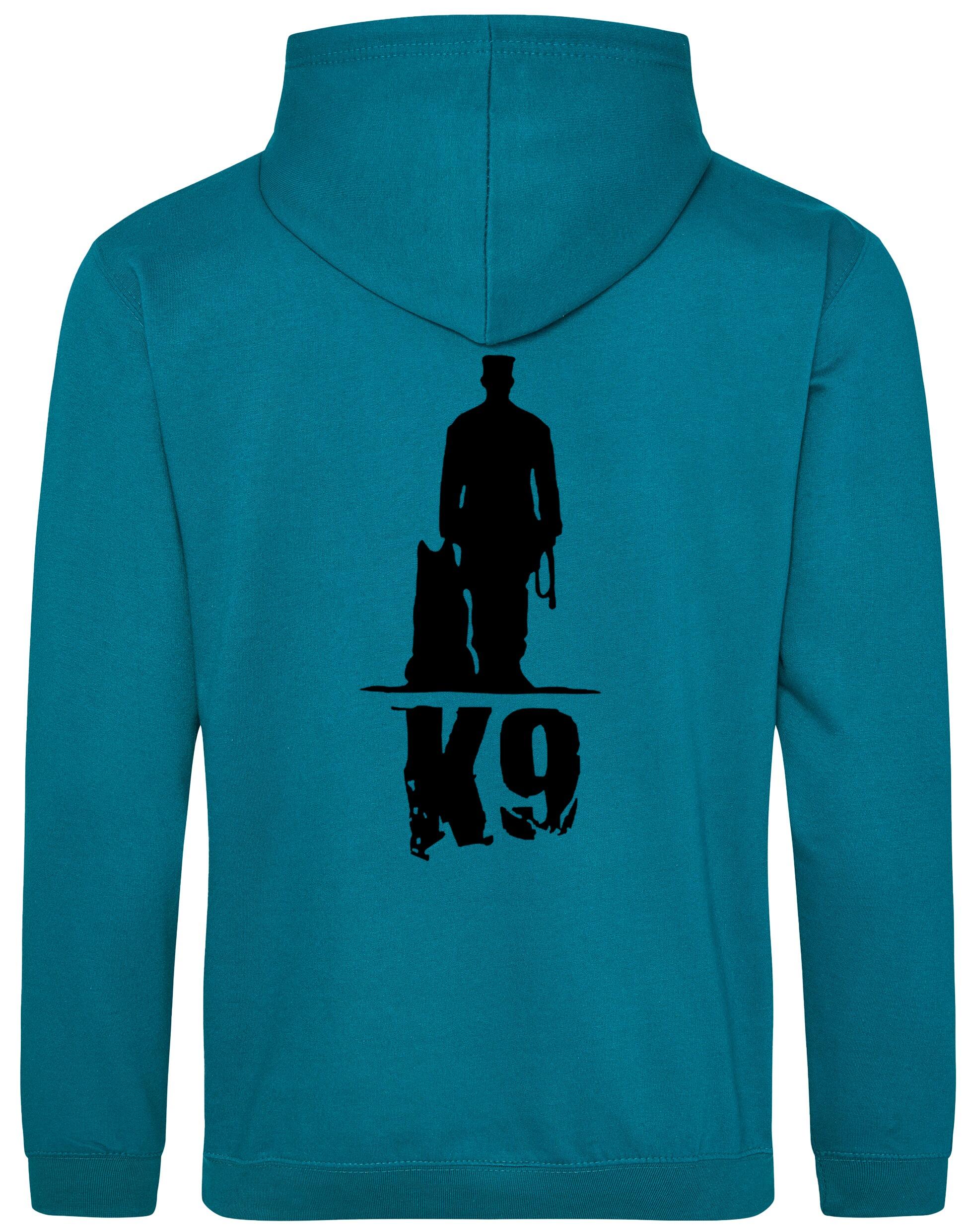 K9 pullover hoodie with exclusive artwork, brushed fleece interior, and personalization options, perfect for dog lovers at events or casual outings.