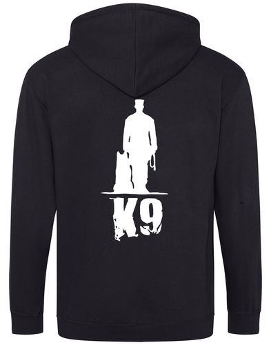 K9 zipped hoodie with exclusive artwork, full-zip closure, double-fabric hood, and spacious pockets, offering warmth, style, and comfort for dog enthusiasts.