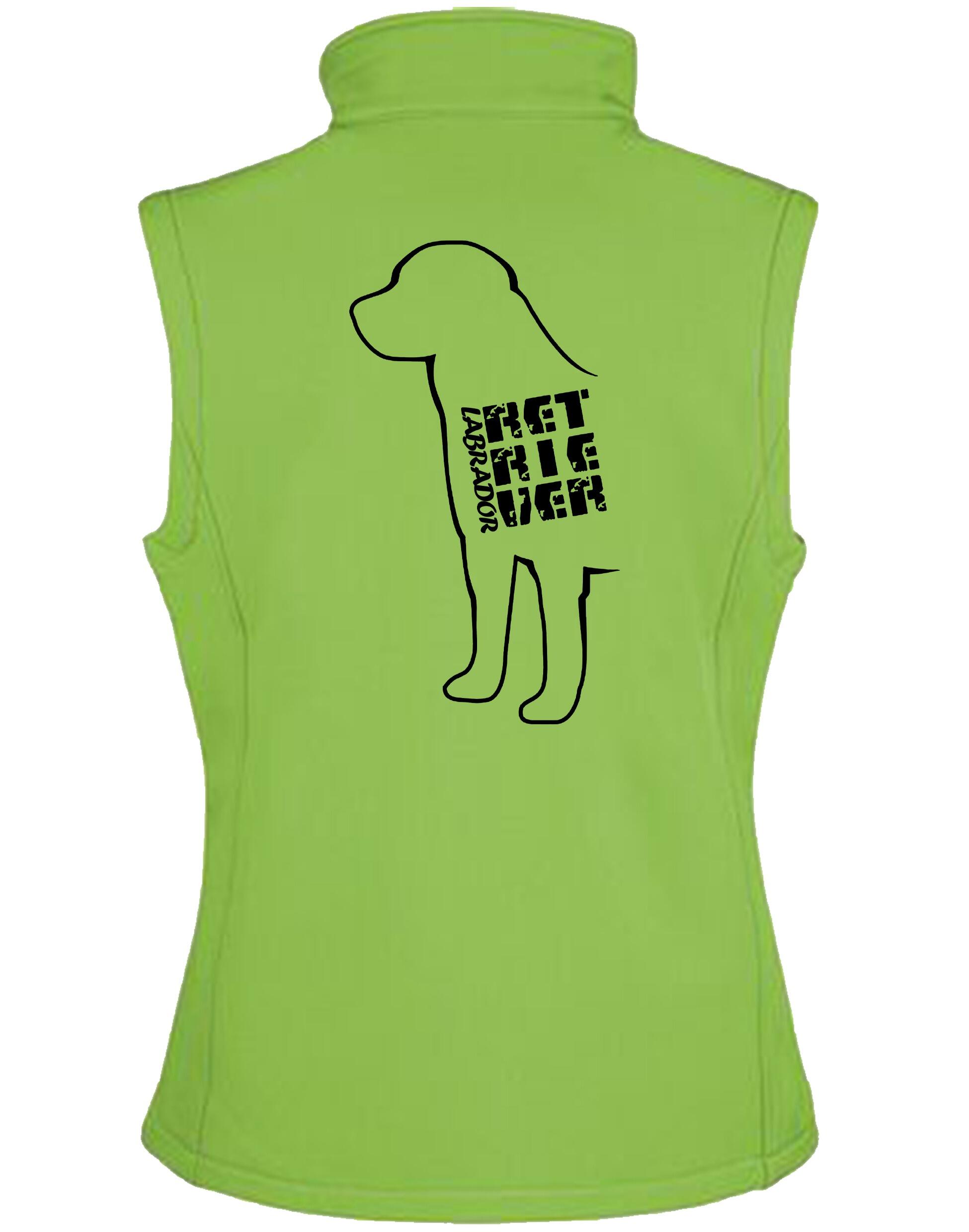 Women’s softshell gilet with exclusive Labrador Retriever artwork, featuring a tailored fit, water-resistant fabric, and customizable options.