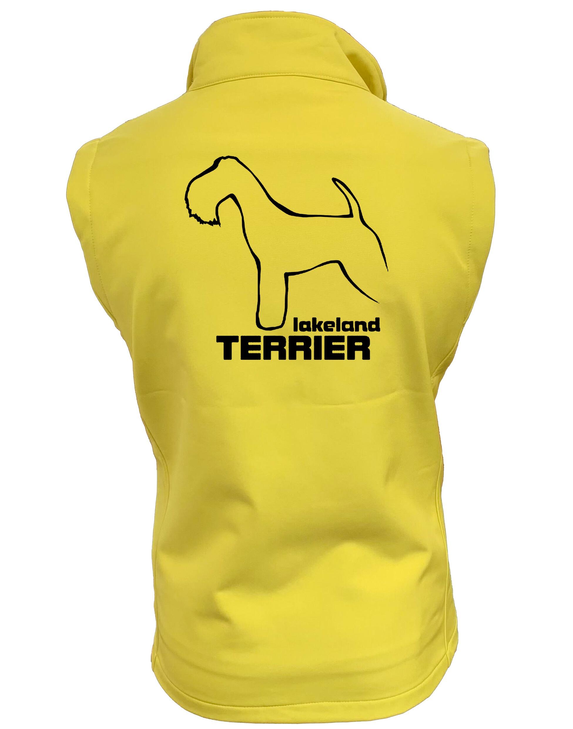Woman wearing a stylish Lakeland Terrier Softshell Gilet with breed artwork, water-resistant fabric, and fleece lining