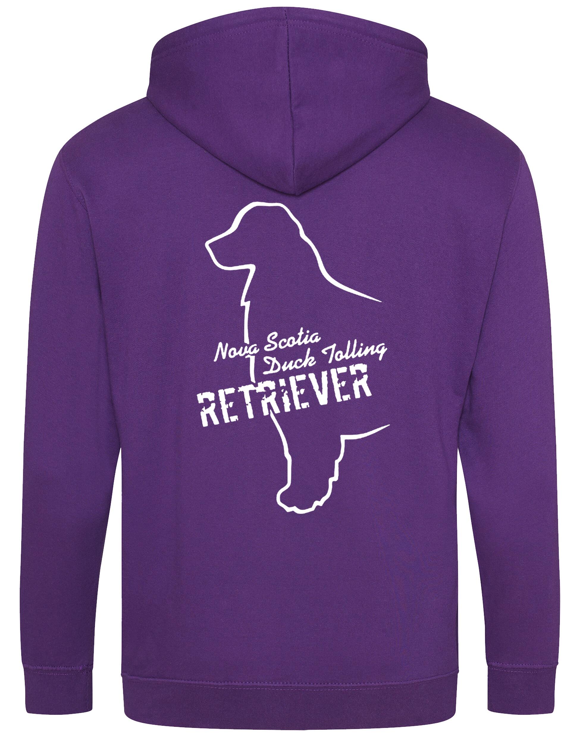 Soft and breathable Nova Scotia Duck Tolling Retriever zipped hoodie featuring a detailed breed design on the back. Includes a full-zip closure, cozy hood, and spacious front pockets for warmth and practicality. Perfect for breed enthusiasts, casual wear, and outdoor adventures.