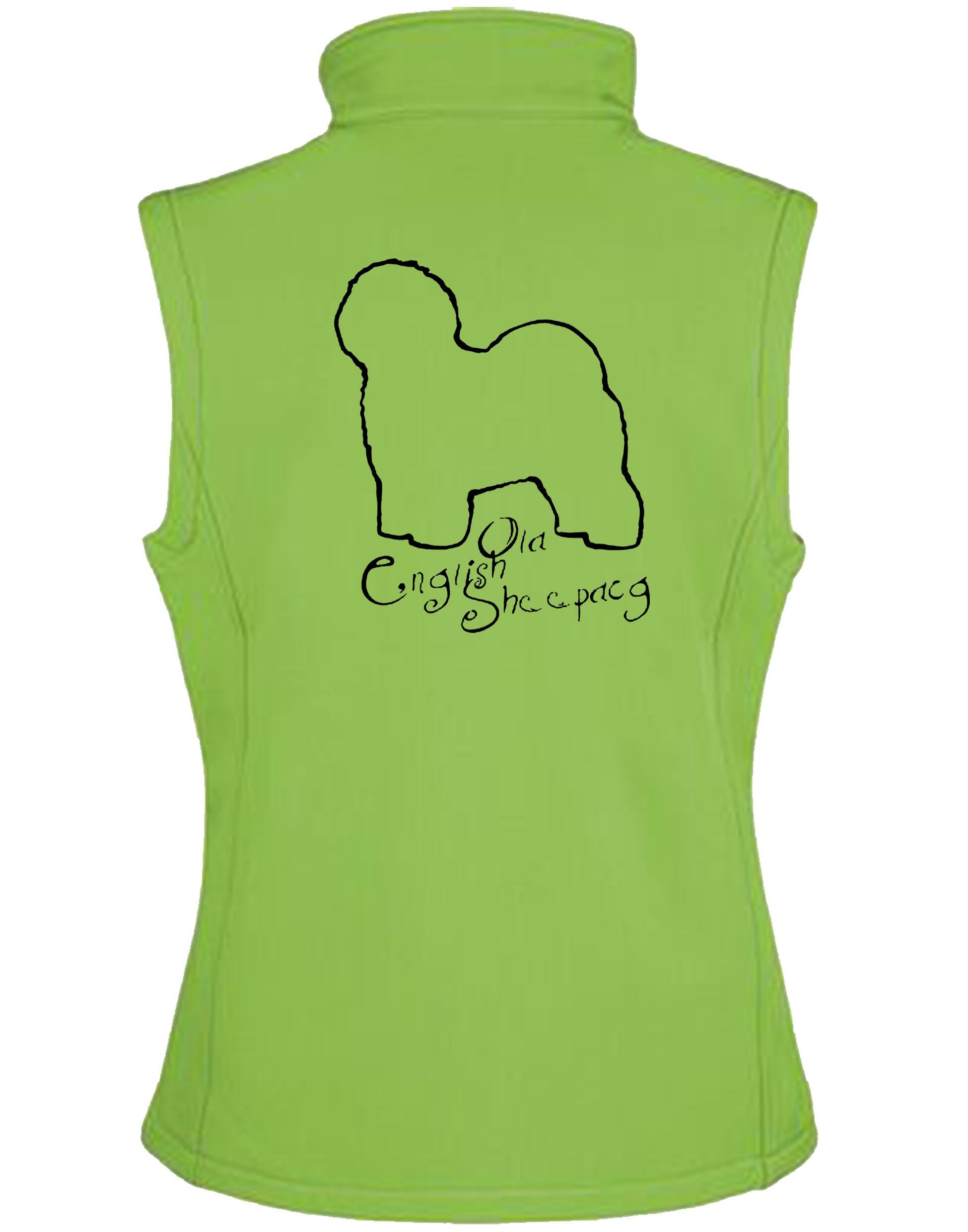 Old English Sheepdog Women’s Softshell Gilet – water-resistant, fleece-lined, and featuring exclusive breed artwork. Ideal for outdoor adventures, dog walking, and everyday wear.