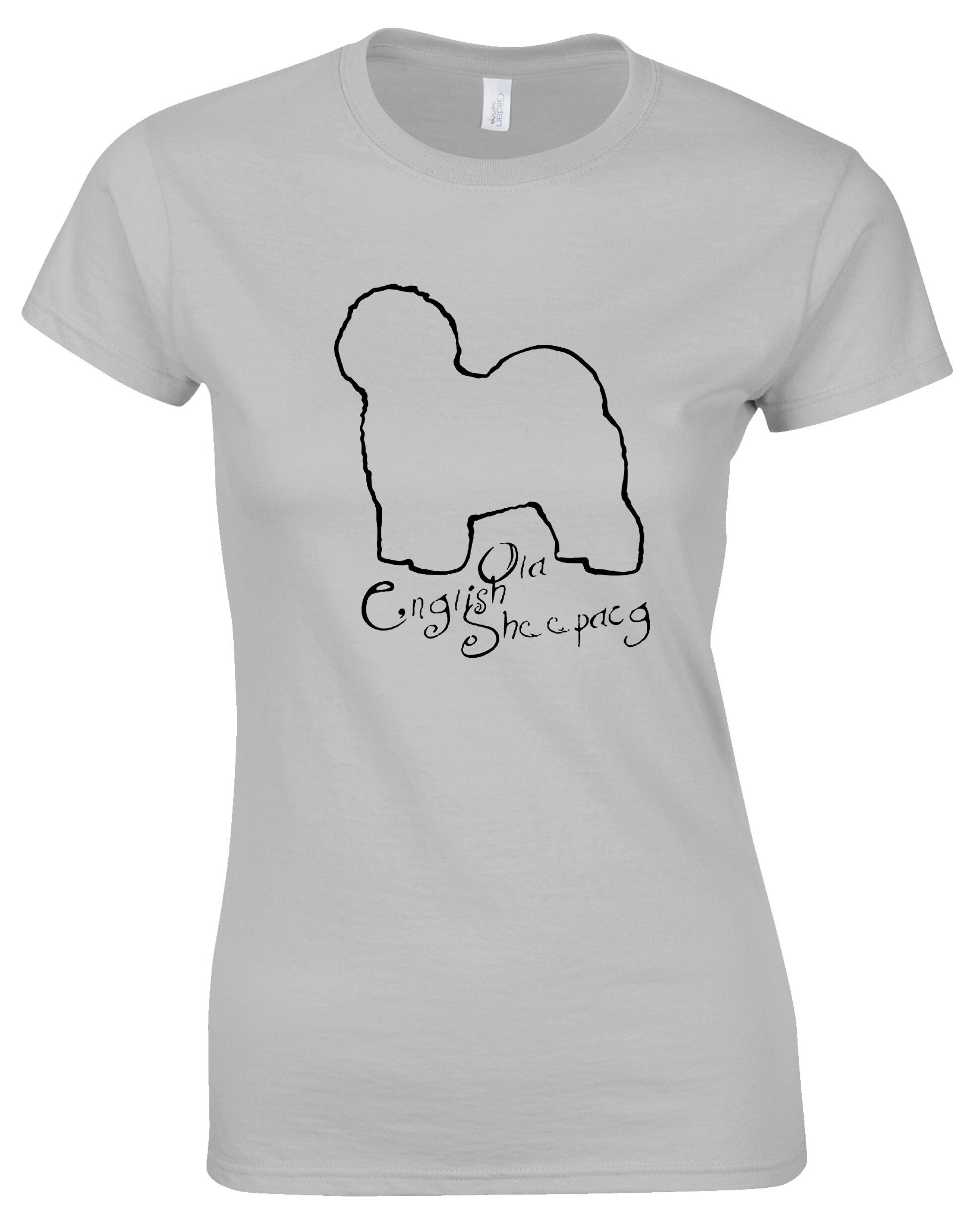 Old English Sheepdog Female Roundneck T-shirt – lightweight cotton fabric, flattering fit, and exclusive breed artwork. A comfortable and stylish choice for dog lovers.