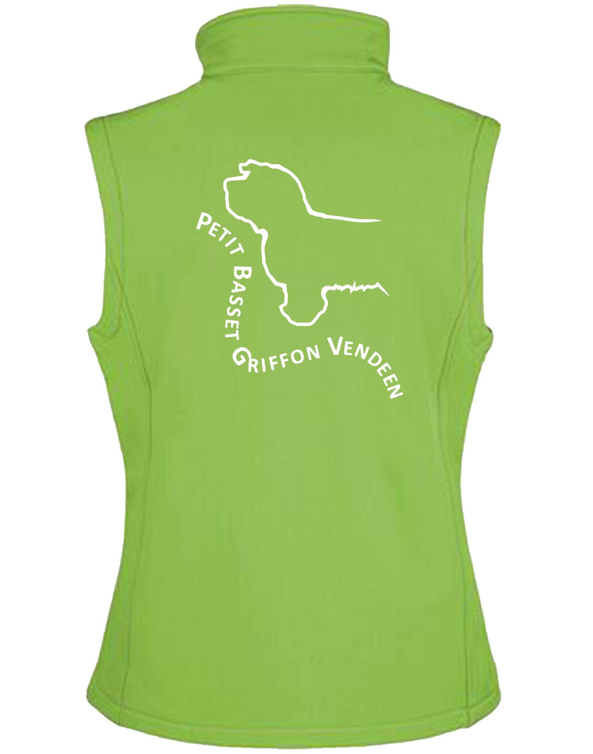 Petit Basset Griffon Vendéen Women’s Softshell Gilet – water-resistant, fleece-lined gilet with an exclusive breed design, full-zip front, tailored women’s fit, and personalization options.