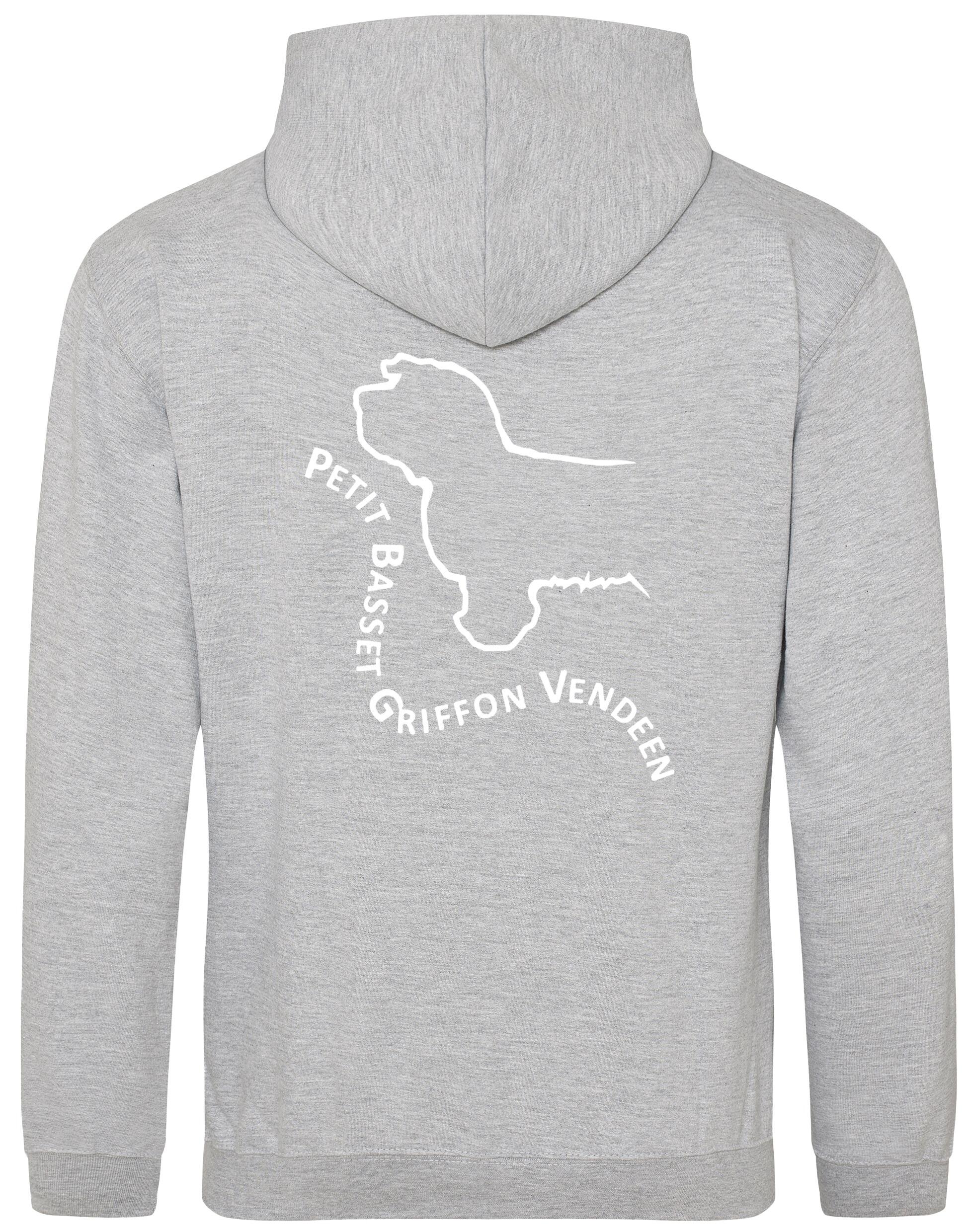 Petit Basset Griffon Vendéen Pullover Hoodie – warm fleece-lined hoodie featuring exclusive breed artwork, personalization options, a kangaroo pouch pocket, ribbed cuffs, and a double-fabric hood.