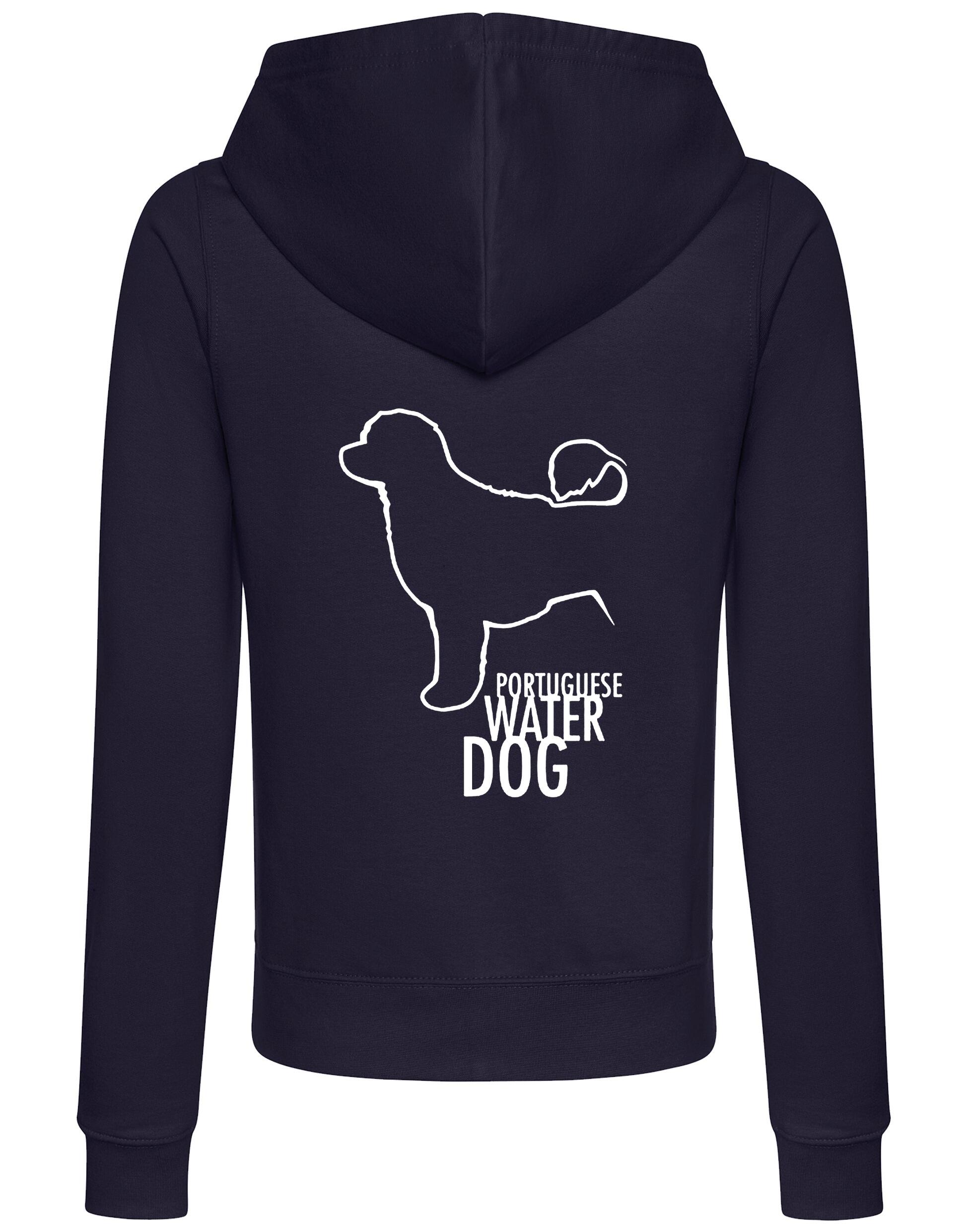 Portuguese Water Dog Women’s Zipped Hoodie featuring exclusive breed artwork, soft breathable fabric, a cozy hood, and practical front pockets for stylish comfort.