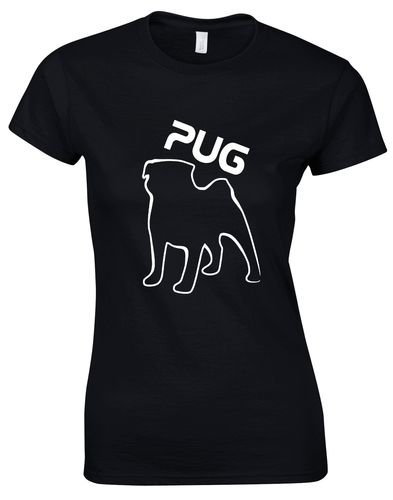 Female Roundneck T-shirt featuring an exclusive Pug (Outline) design, crafted from premium breathable cotton for lightweight, all-day comfort and a flattering feminine fit, perfect for Pug enthusiasts.