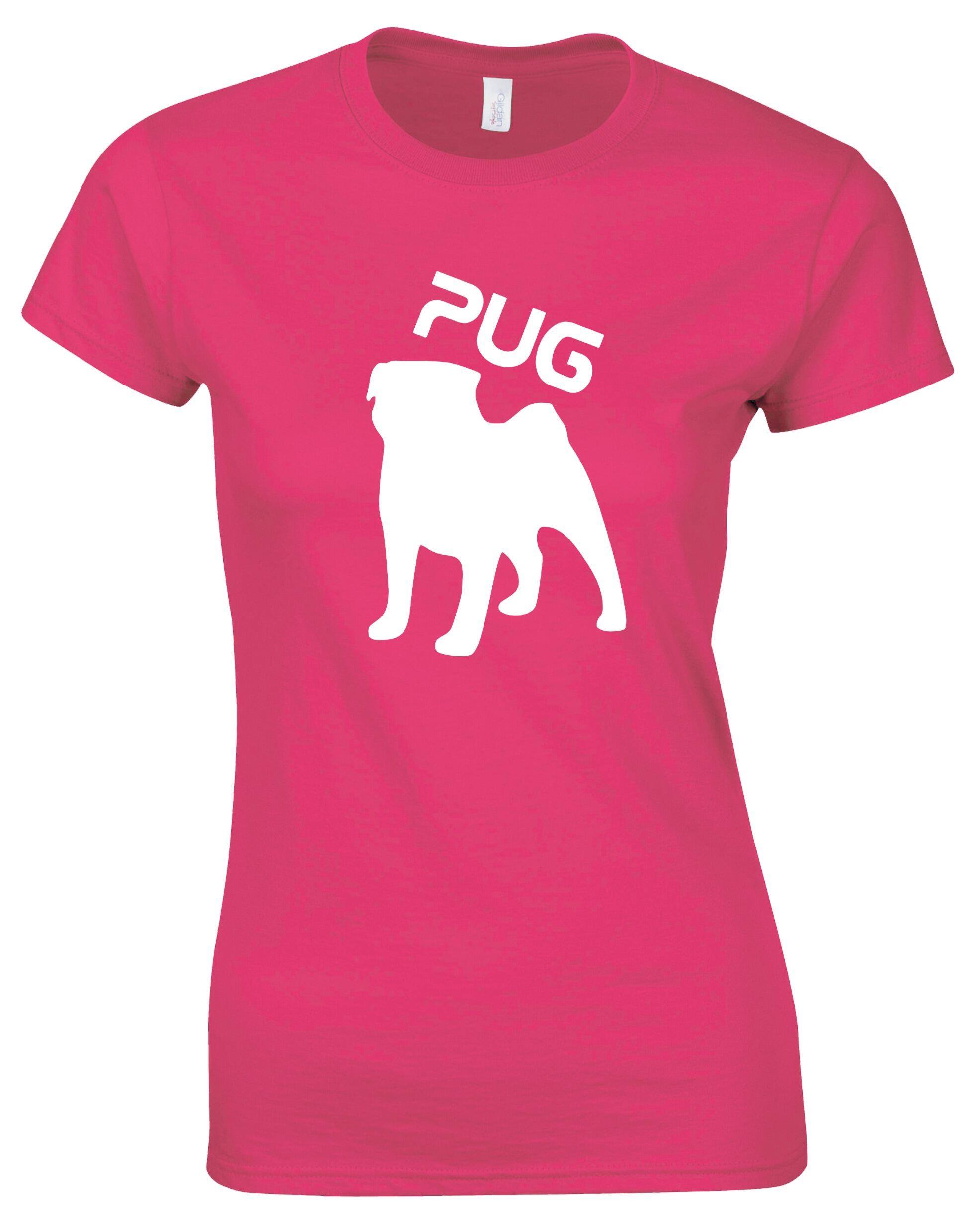Female Roundneck T-shirt featuring an exclusive Pug (Silhouette) design, crafted from premium breathable cotton for all-day comfort and a flattering feminine fit, perfect for Pug enthusiasts.