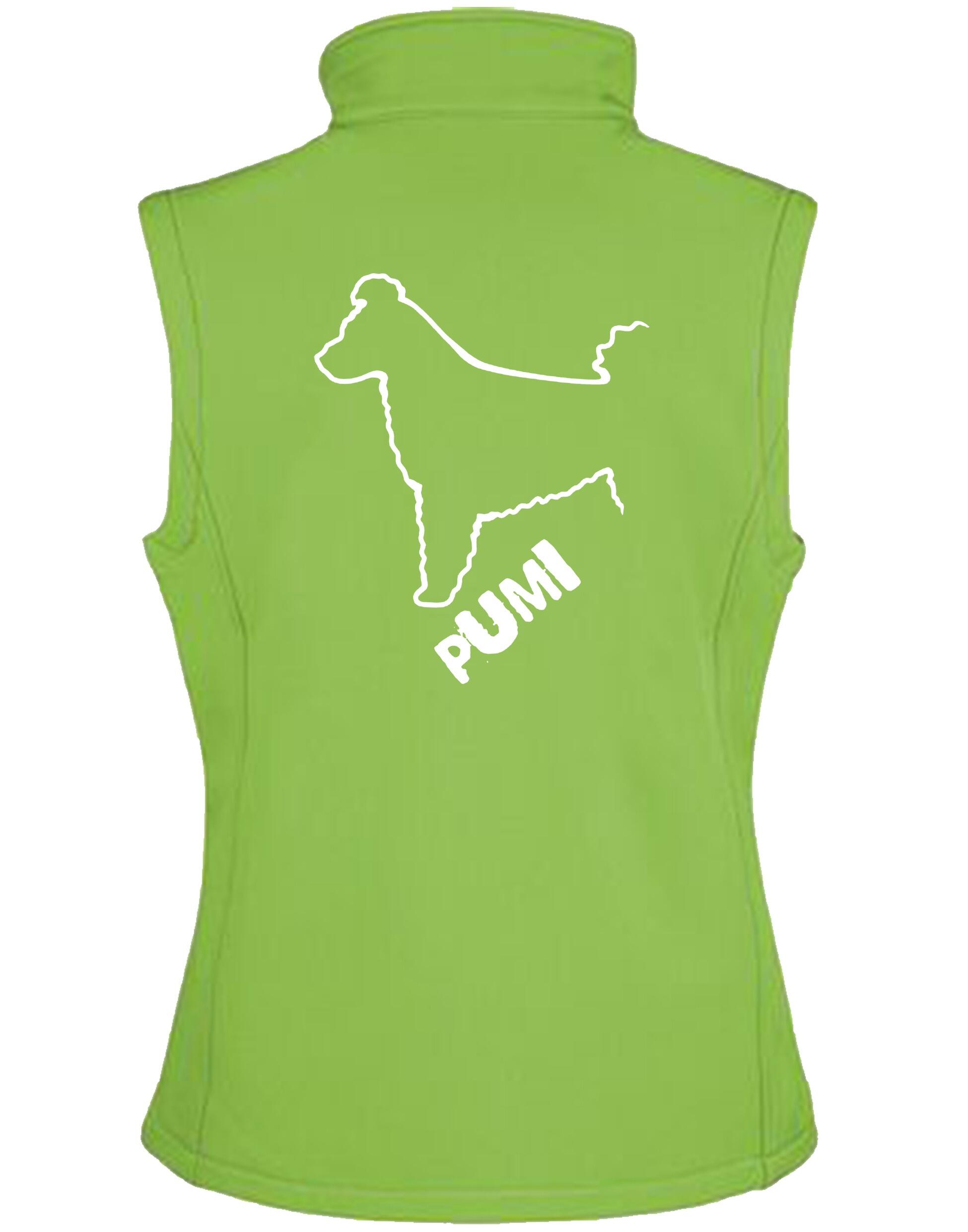 Women's Hungarian Pumi Softshell Gilet featuring exclusive breed artwork with personalization options, crafted from premium water-resistant fabric with a full-zip front and side pockets for stylish, practical outdoor wear.