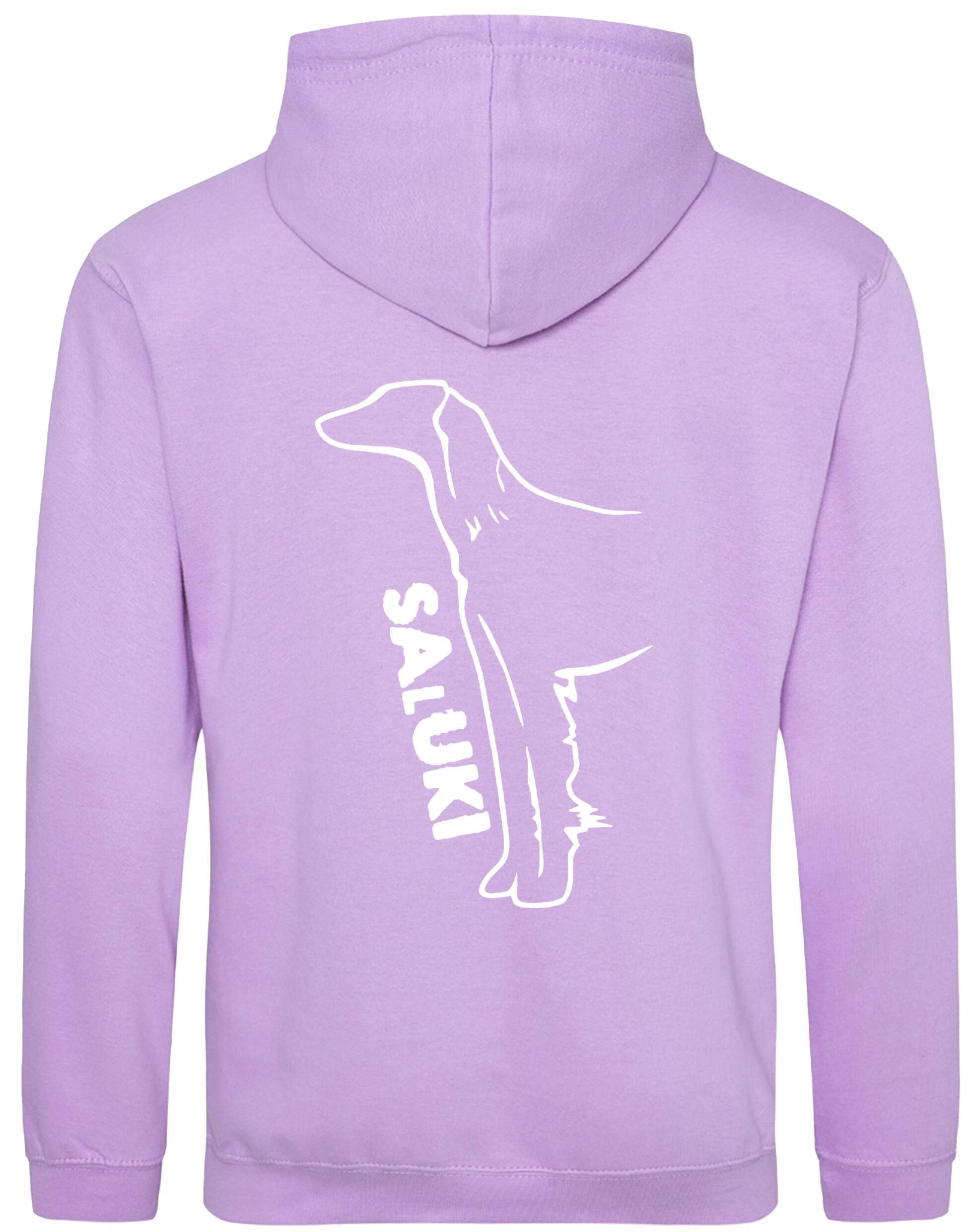 Saluki Design Pullover Hoodie featuring exclusive breed artwork, soft fleece interior, heavy-blend fabric, kangaroo pouch pocket, ribbed cuffs, and double-fabric hood with personalization options for breed enthusiasts.