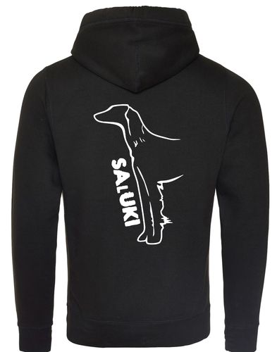 Saluki Crossneck Pullover Hoodie featuring exclusive breed artwork, soft fleece interior, heavy-blend fabric, modern crossneck design, kangaroo pocket, ribbed cuffs and hem, and relaxed unisex fit for breed enthusiasts.