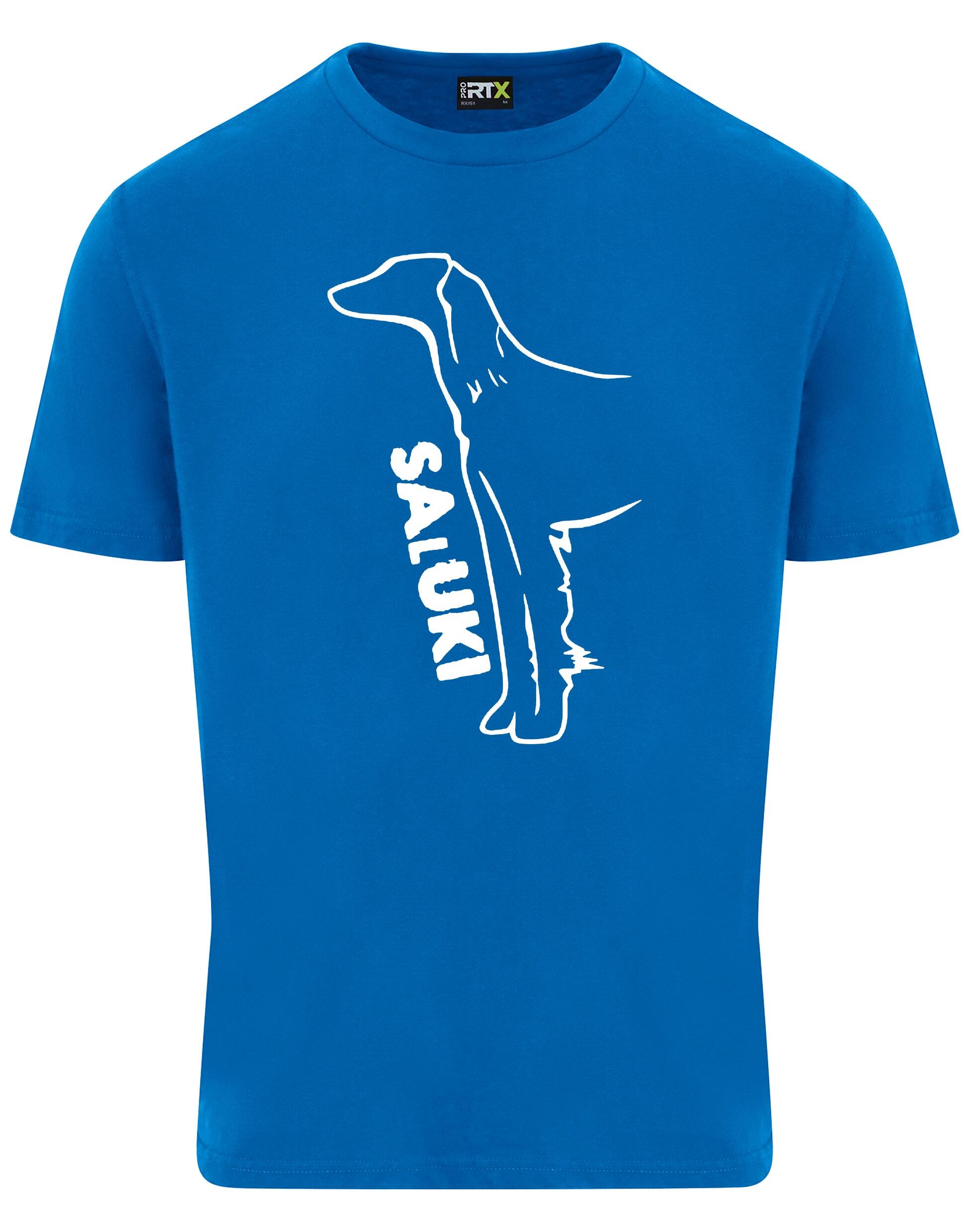 Saluki Unisex Roundneck T-shirt featuring exclusive breed artwork, soft breathable cotton fabric, relaxed unisex fit, and classic round neckline for comfort, versatility, and breed pride.