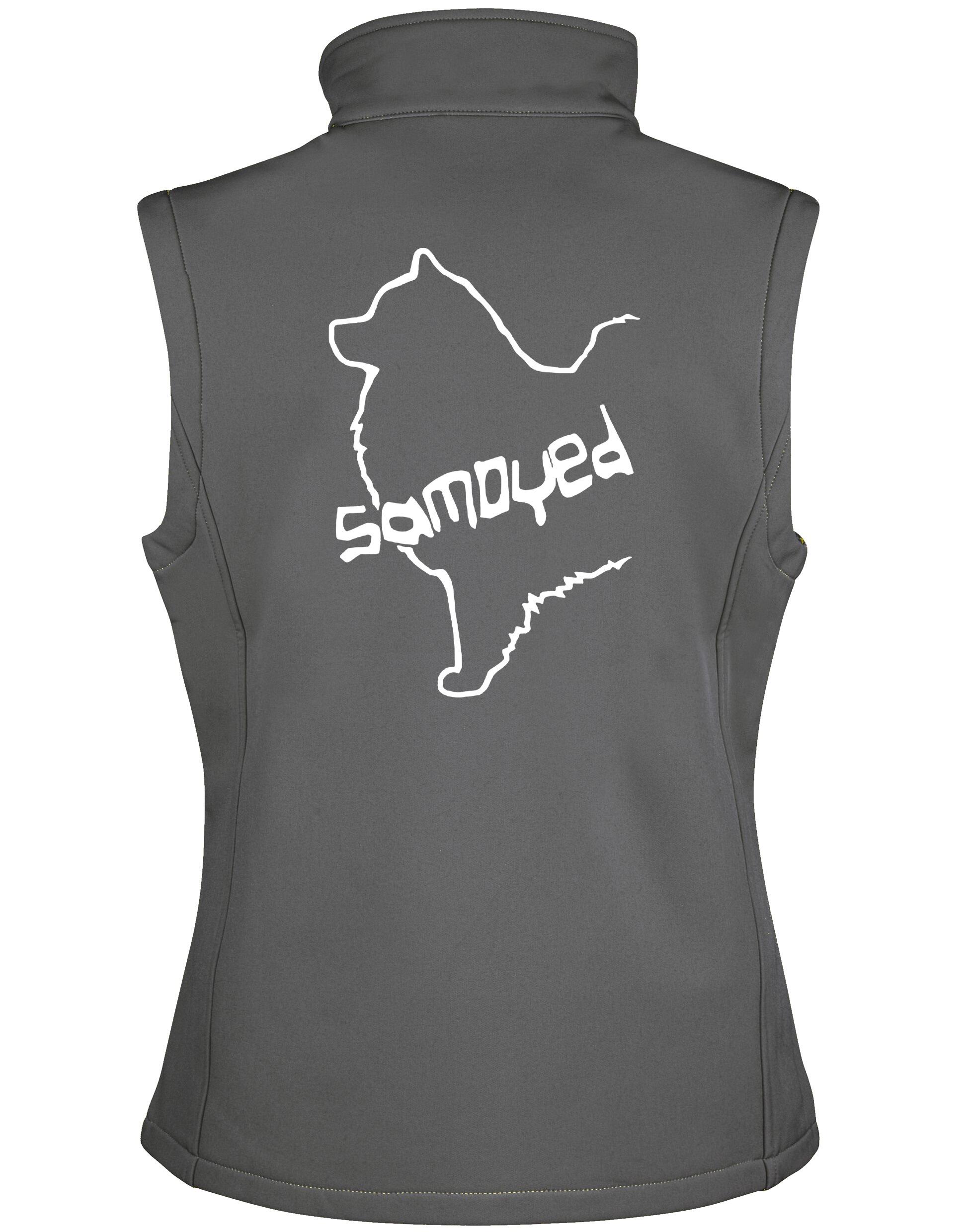 Samoyed Women’s Softshell Jacket featuring exclusive breed artwork, water-resistant fabric, soft fleece lining, flattering feminine fit, and polished style for Samoyed enthusiasts.