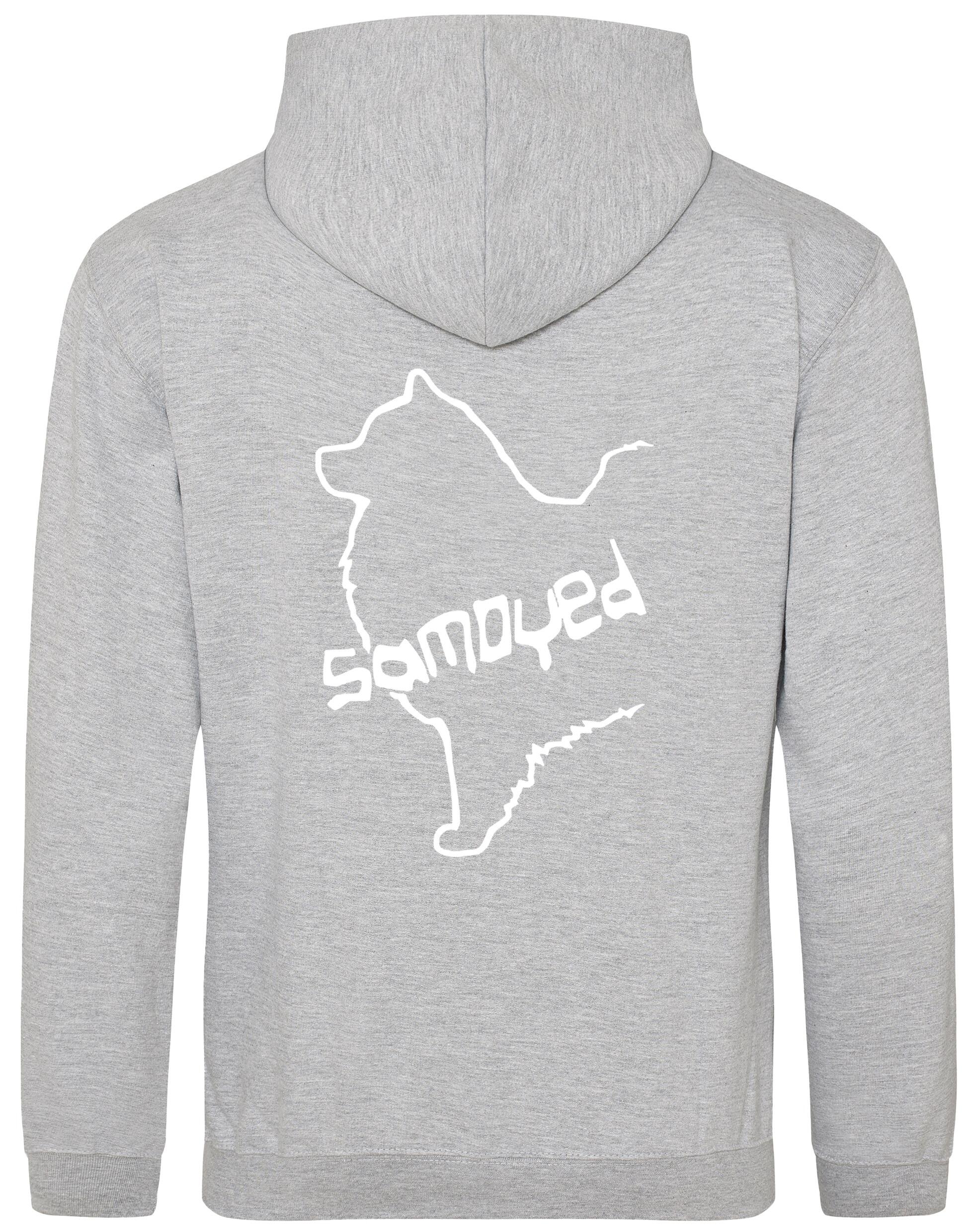 Samoyed Design Pullover Hoodie featuring exclusive breed artwork, soft fleece interior, heavy-blend fabric, kangaroo pouch pocket, ribbed cuffs, and double-fabric hood with personalization options for breed enthusiasts.