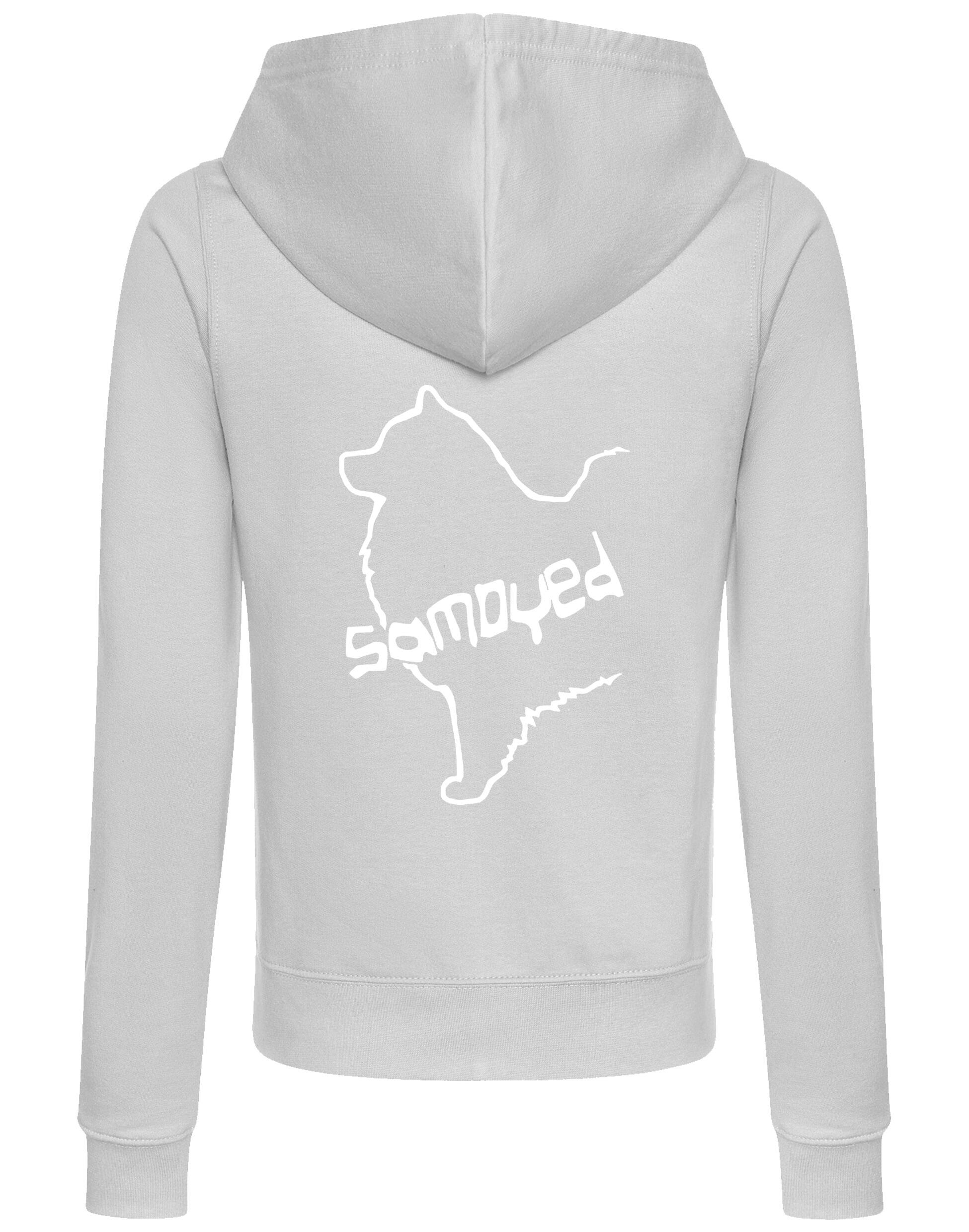 Samoyed Women’s Zipped Hoodie featuring exclusive breed artwork, soft breathable fabric, feminine fit, full-zip closure, cozy hood, and practical front pockets for stylish comfort and breed pride.