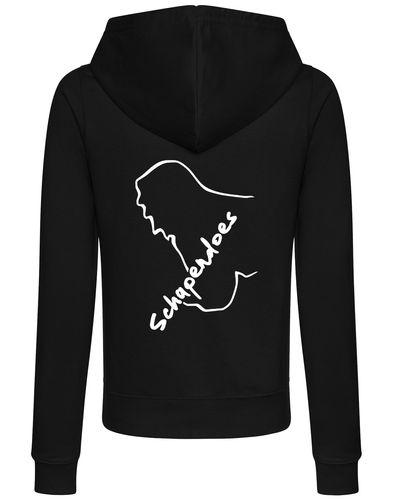 Schapendoes Women’s Zipped Hoodie featuring exclusive breed artwork, breathable fabric, full-zip closure, feminine fit, front pockets, and hood for stylish comfort and breed pride.