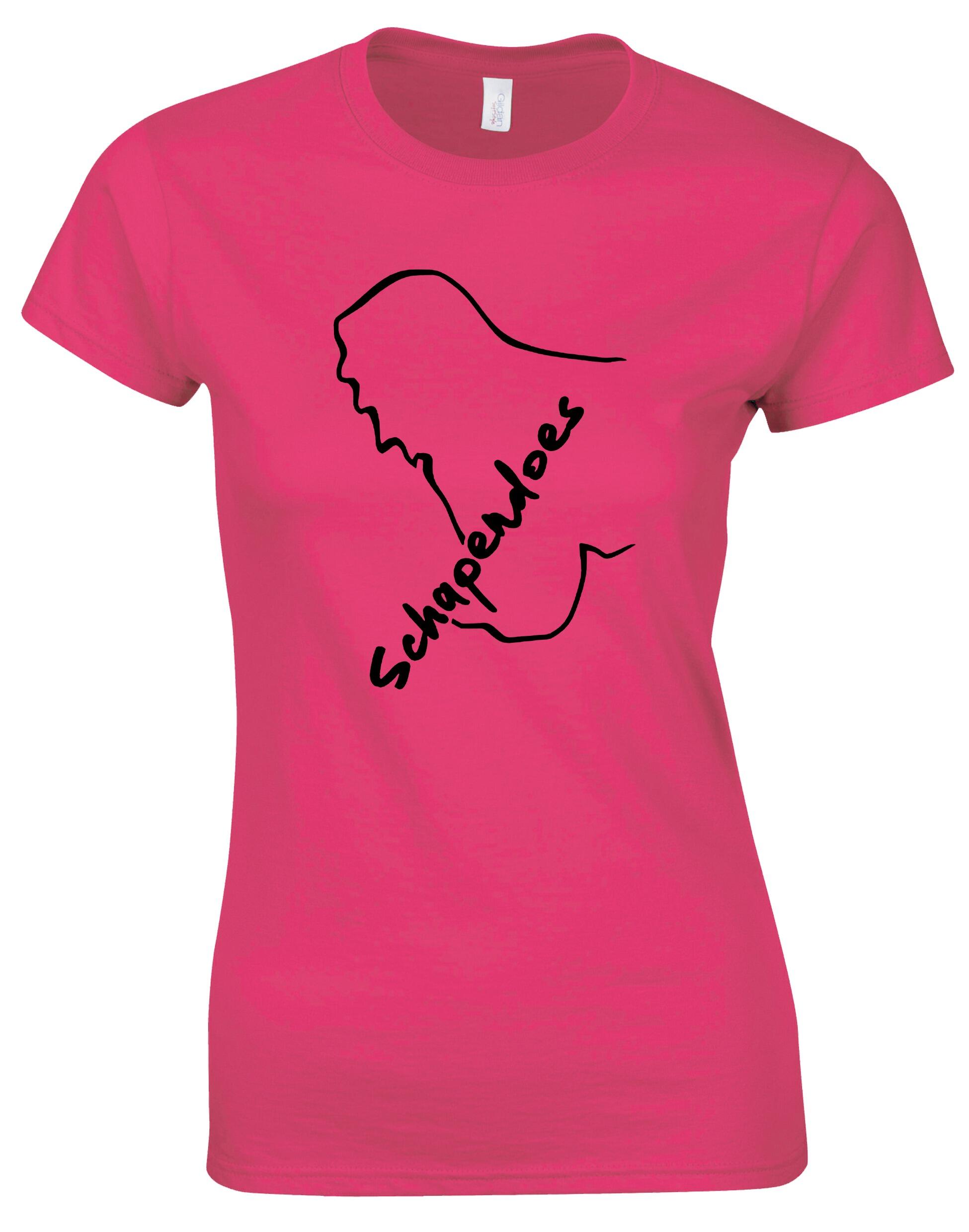 Female Roundneck T-shirt featuring exclusive Schapendoes artwork, soft breathable cotton fabric, tailored feminine fit, and classic round neckline – perfect for breed enthusiasts.