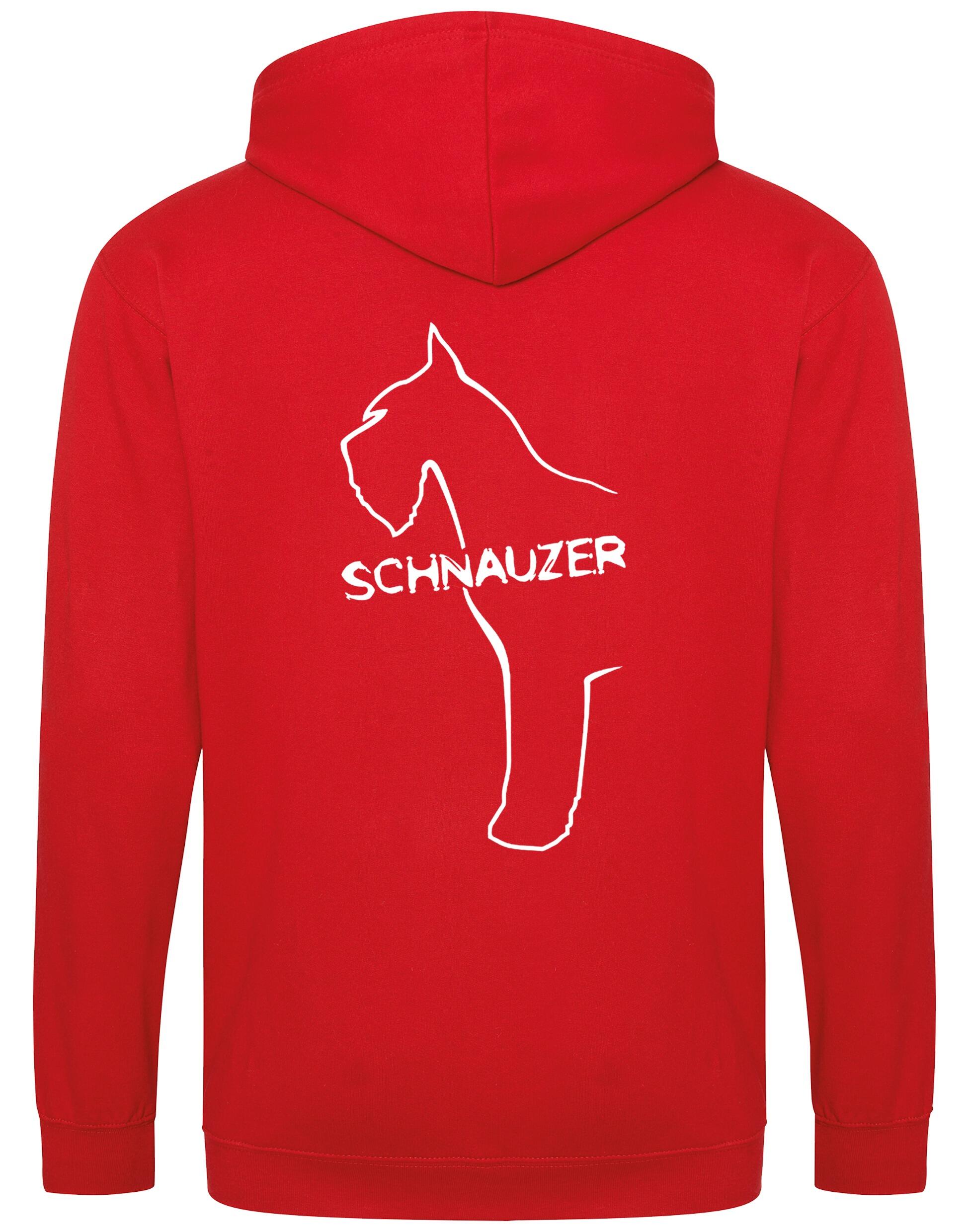 Schnauzer Zipped Hoodie featuring exclusive breed artwork on the back and paw prints on the front, made from durable heavy-blend fabric with a cozy brushed fleece interior, full-zip closure, double-fabric hood, and spacious front pockets.