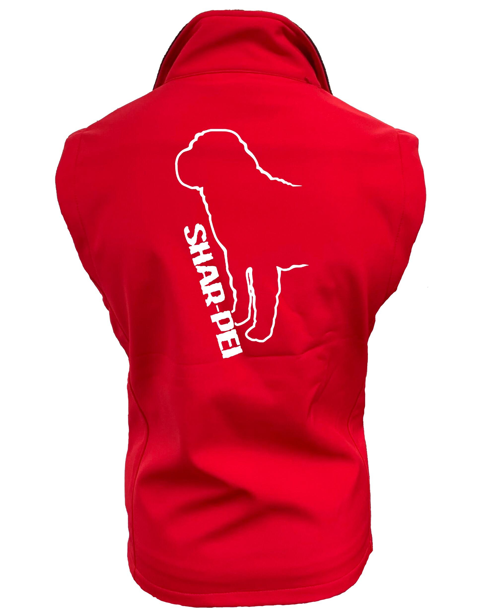 Women's Softshell Gilet featuring exclusive Shar Pei artwork, showcasing the breed's distinctive wrinkles and loyal demeanour.