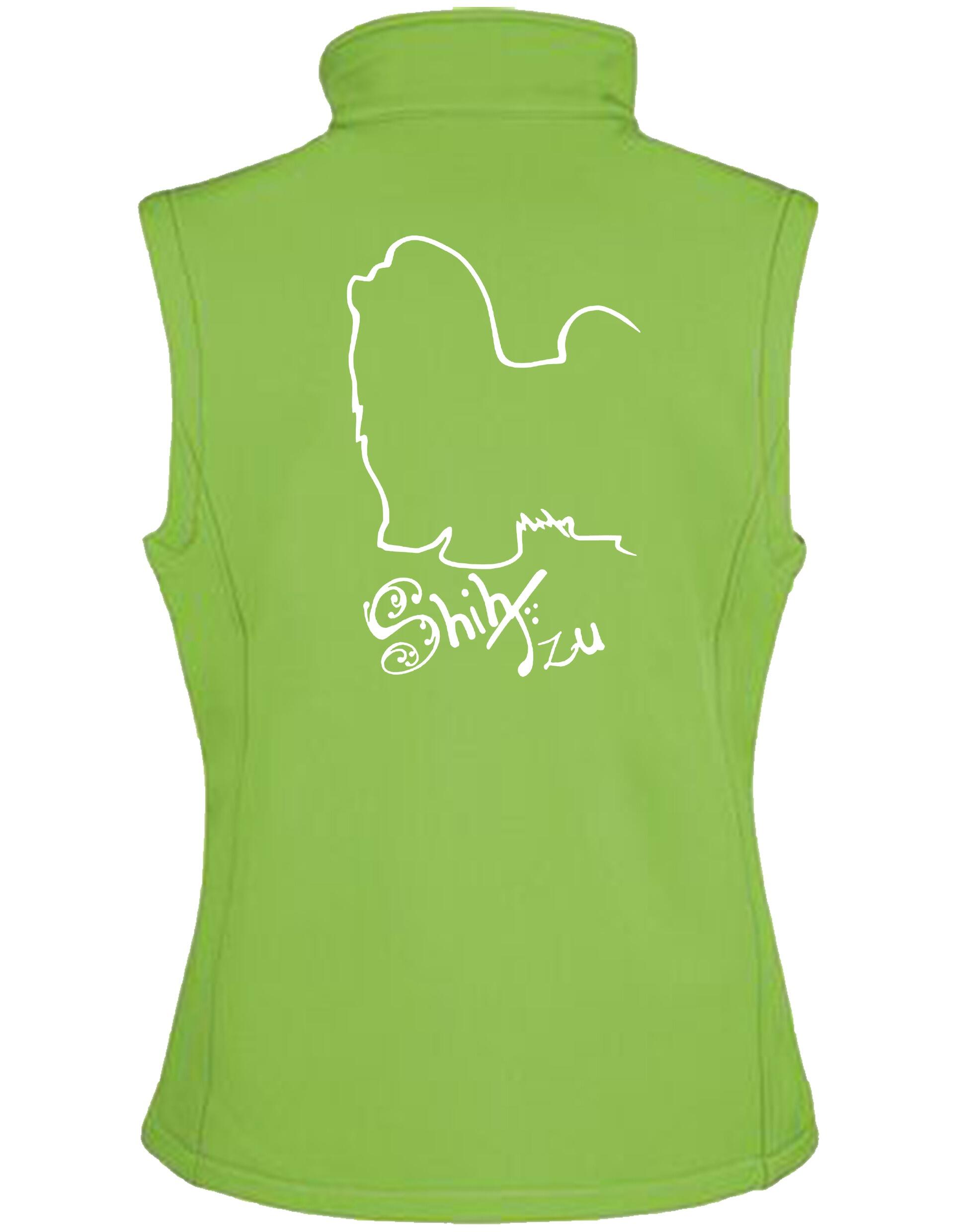 Unisex softshell gilet with exclusive Shih Tzu artwork on the back, featuring water-resistant fabric, fleece lining, and a full-zip front—designed for dog lovers who want practical style and comfort.