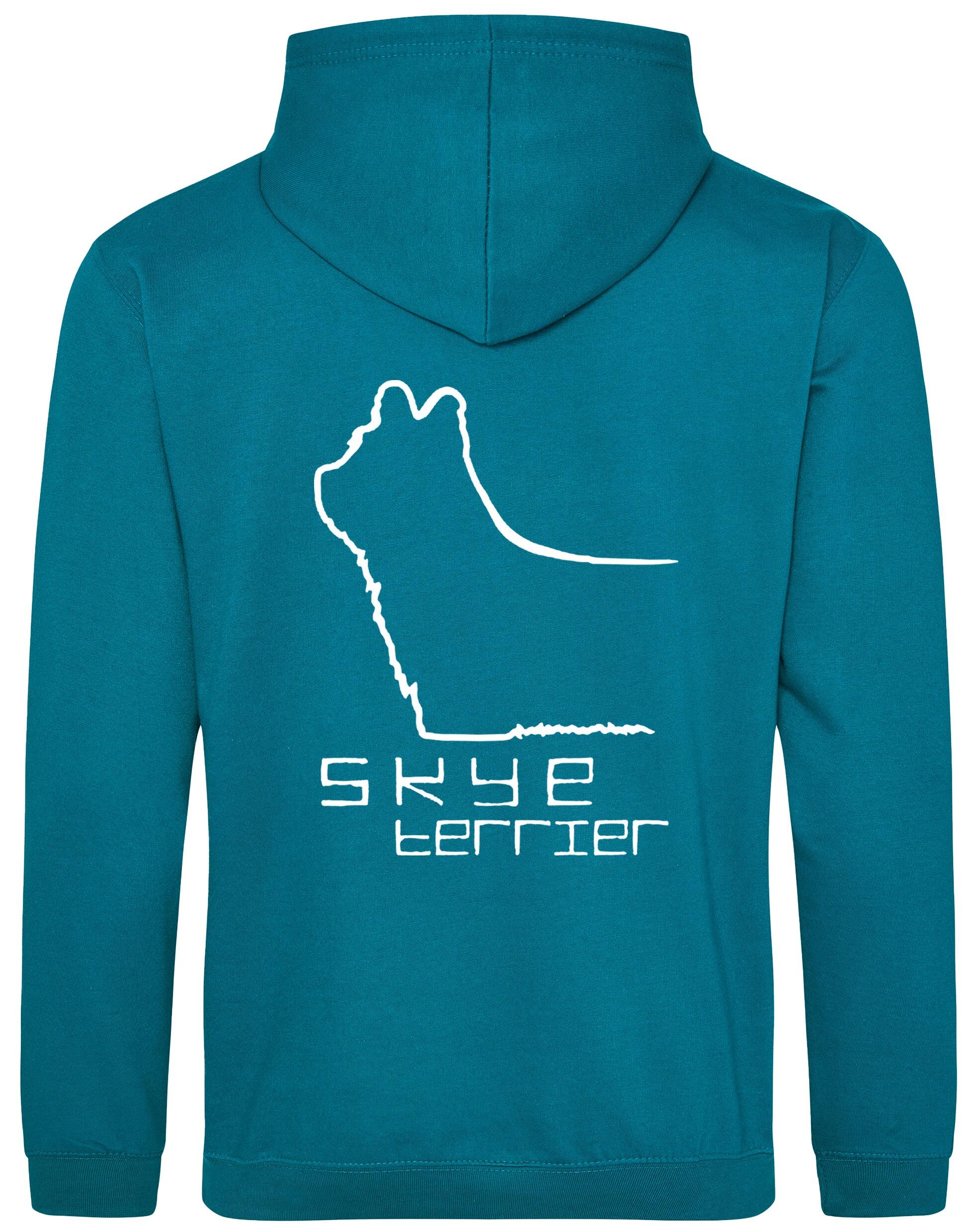 Pullover hoodie featuring exclusive Skye Terrier artwork on the back and paw prints on the front, with a brushed fleece interior, double-fabric hood, and kangaroo pocket. Ideal for Skye Terrier lovers seeking comfort and style.