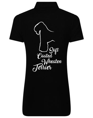 Women’s cotton polo shirt with Soft Coated Wheaten Terrier artwork on the back, breathable and flattering feminine fit