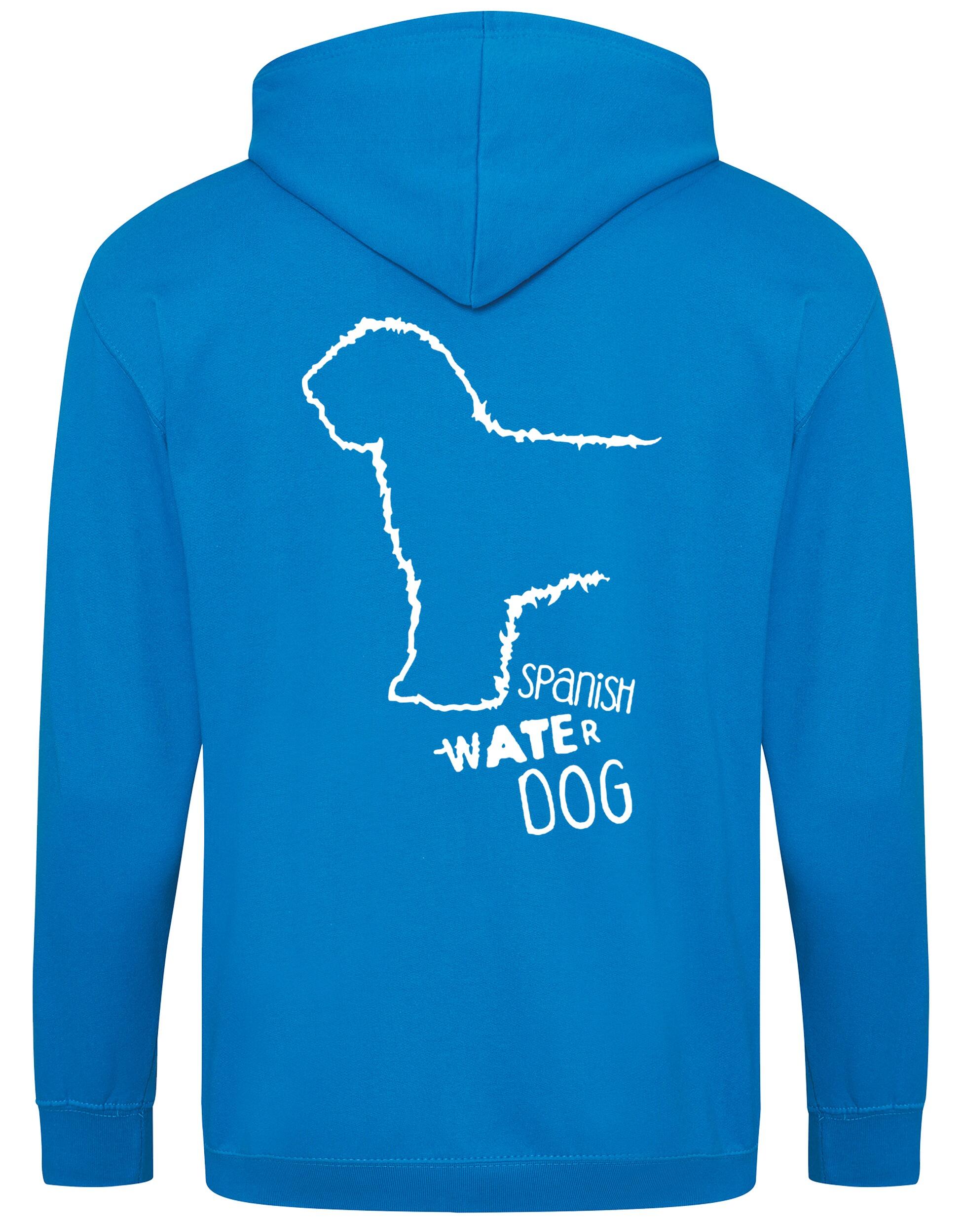 Unisex zipped hoodie featuring exclusive Spanish Water Dog artwork on the back and paw prints on the front. Made from soft fleece-lined fabric with a double-layered hood, full-zip front, and roomy pockets—ideal for breed enthusiasts and everyday wear.