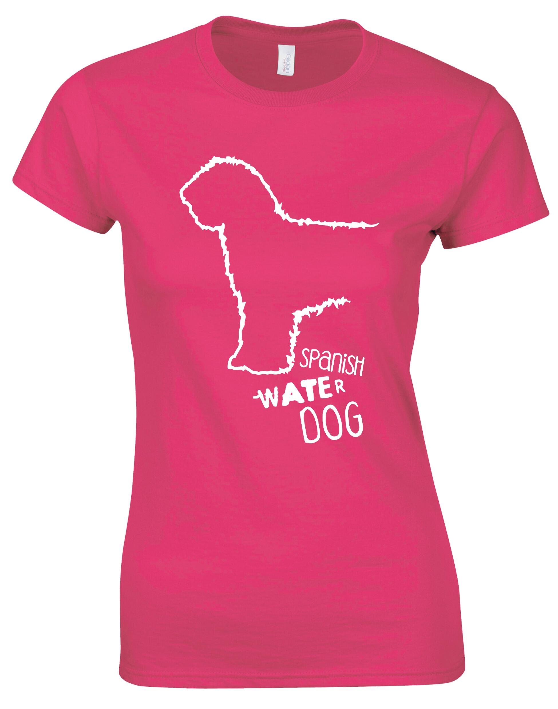 Female Roundneck T-shirt featuring Spanish Water Dog artwork on the front. Made from soft, breathable cotton with a tailored feminine fit and classic round neckline—perfect for breed lovers.
