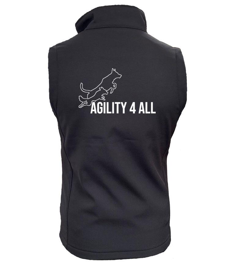 Agility 4 All Official Clothing - Black/Orange Male Softshell Gilet Back - White Printed Logo