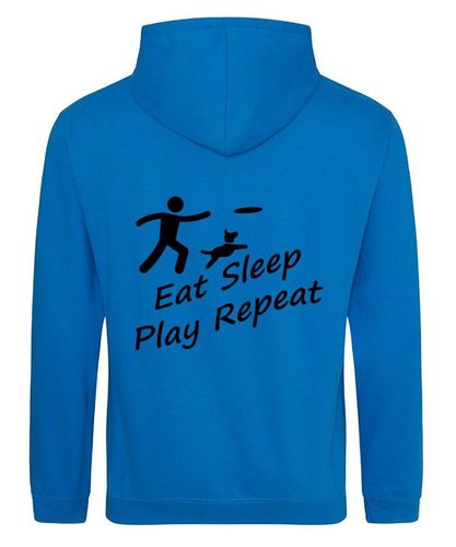 Eat Sleep Play Repeat Design on a Sapphire Blue Pullover Hoodie Black Print