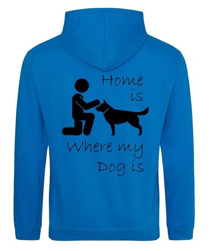 Home is where my dog is Design on a Sapphire Blue Pullover Hoodie Black Print