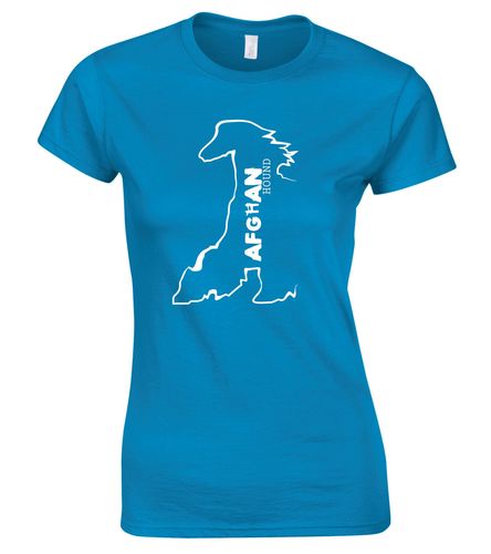 Female Afghan Hound Roundneck T-Shirt Sapphire Blue (White)