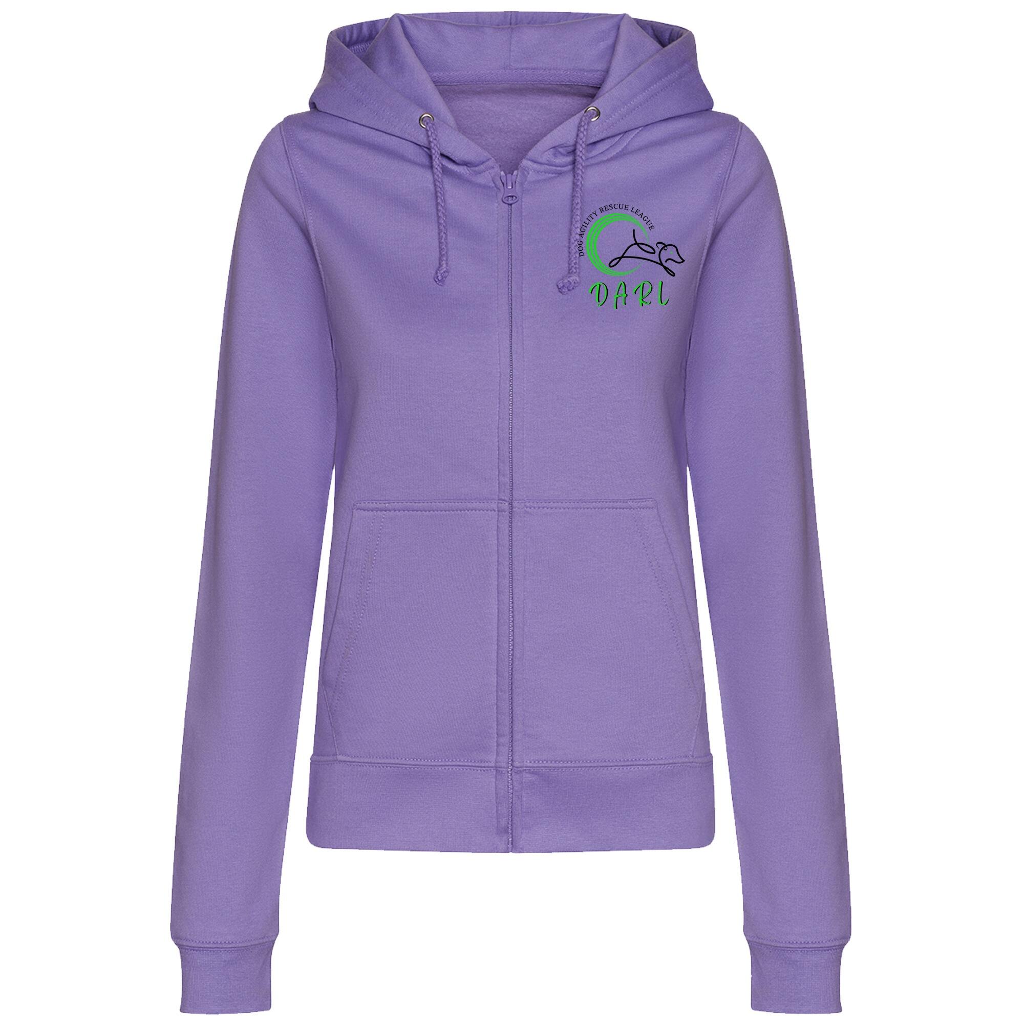 DARL Official Lavender Female Zipped Hoodie with logo, designed for comfort and style while supporting the Dog Agility Rescue League. Perfect for women who love fashion with a purpose.