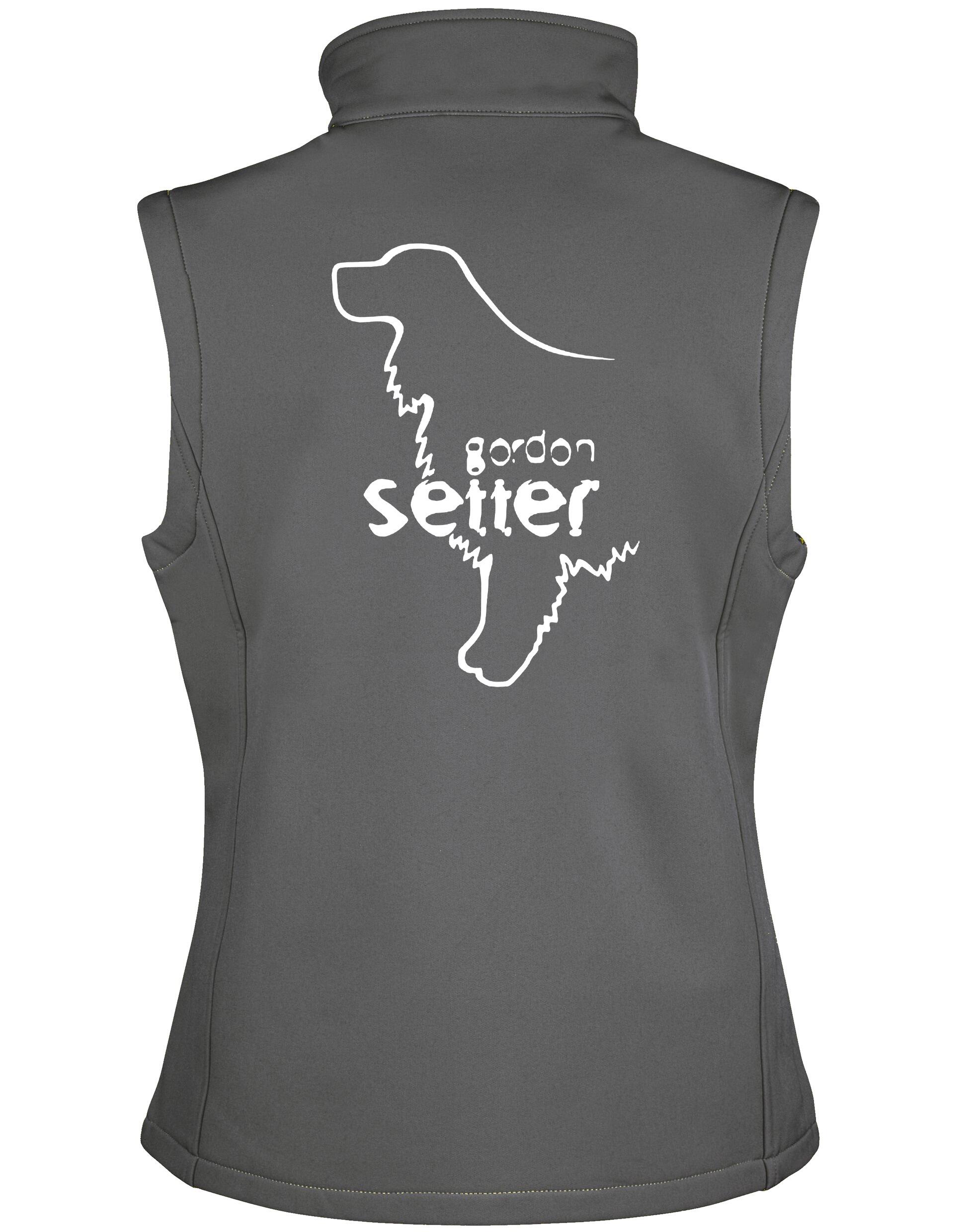Unisex Softshell Gilet featuring exclusive Gordon Setter design, water-resistant fabric, fleece lining, and practical full-zip with side pockets.