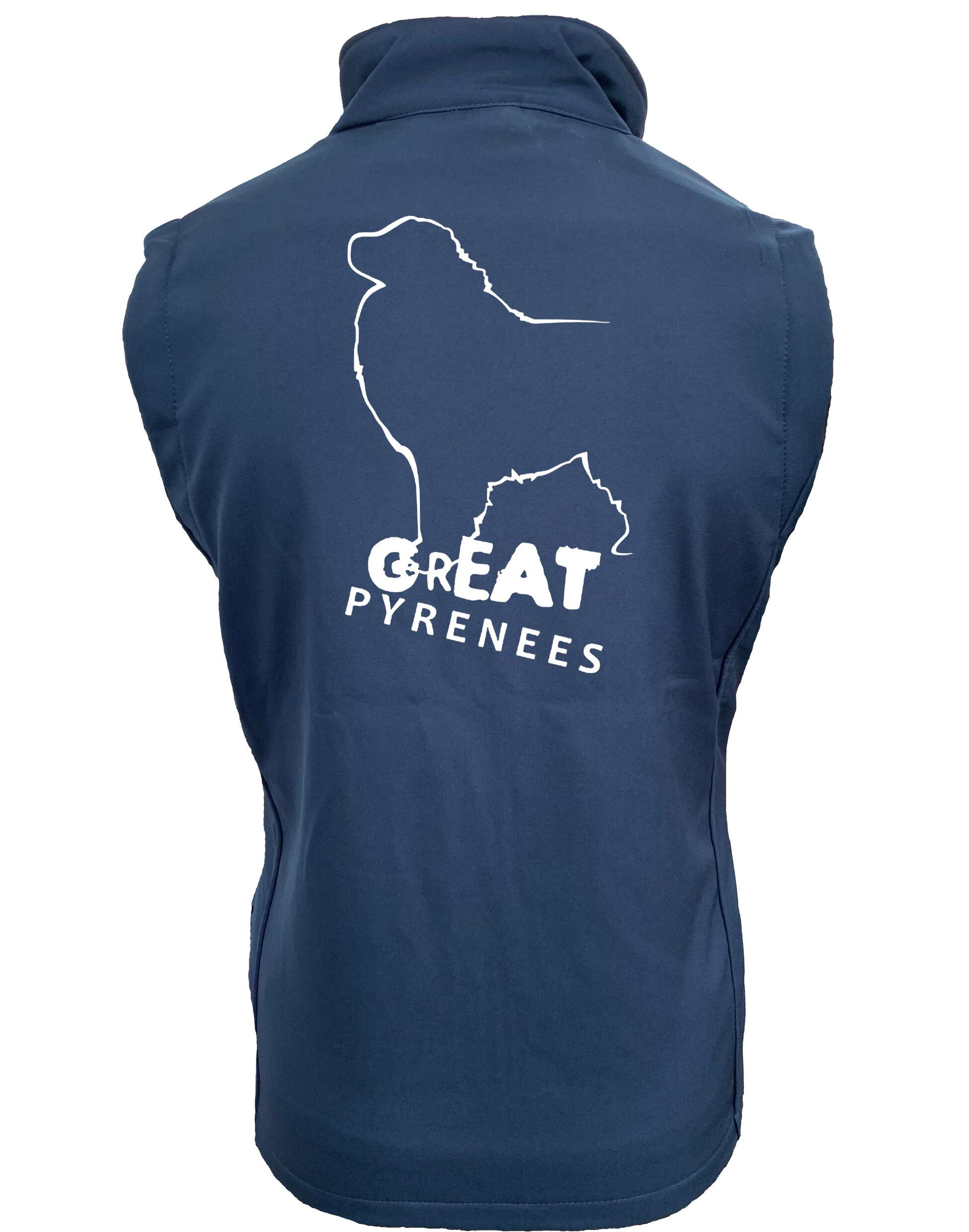 Unisex Softshell Gilet with water-resistant fabric, fleece-lined interior, and exclusive Great Pyrenees design, perfect for layering during outdoor activities and showcasing breed pride.