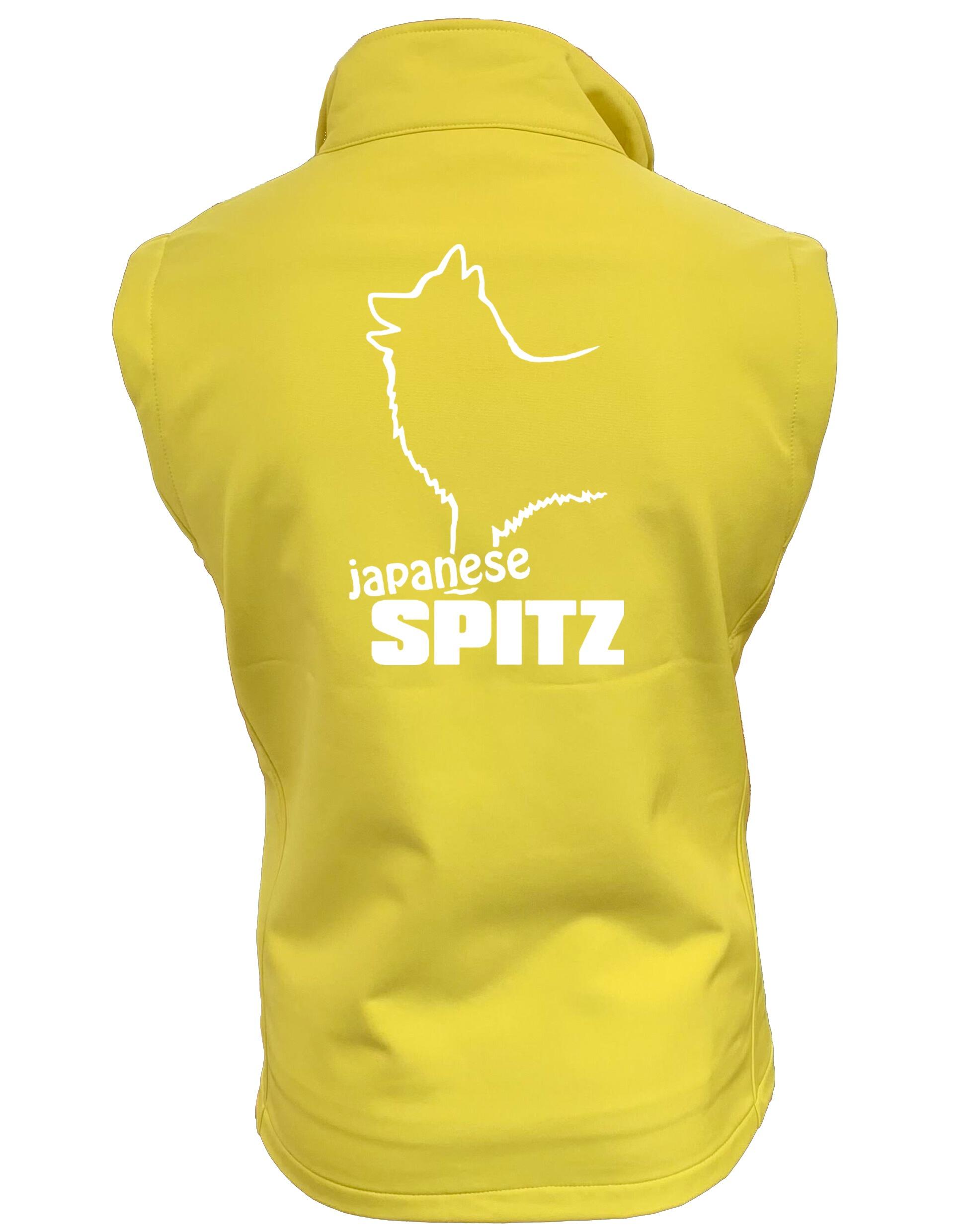 Unisex Softshell Gilet featuring detailed Japanese Spitz artwork, water-resistant fabric, and cozy fleece lining for outdoor comfort and style.