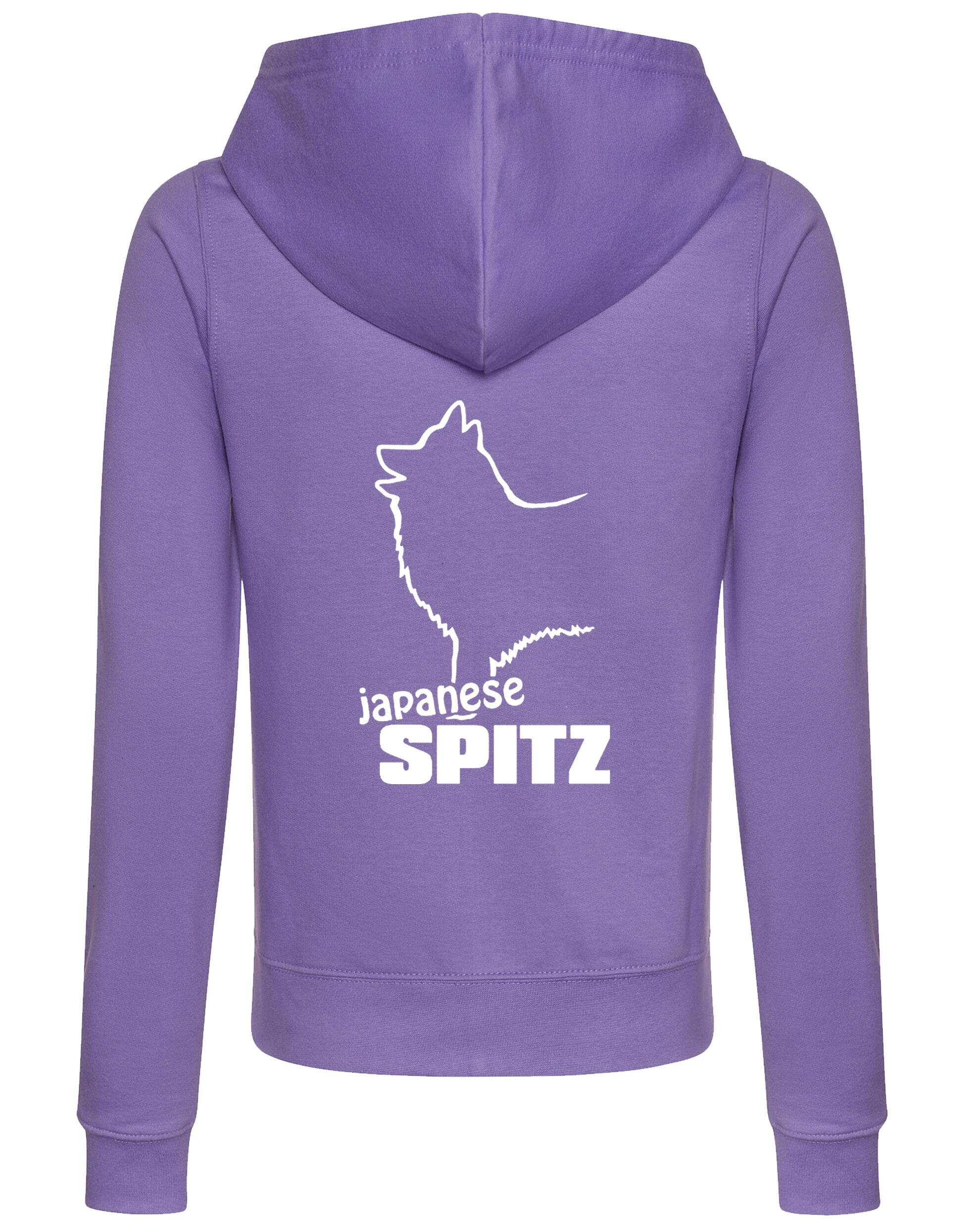 Women’s zipped hoodie featuring exclusive Japanese Spitz artwork, a cozy hood, and practical pockets, designed for breed enthusiasts.