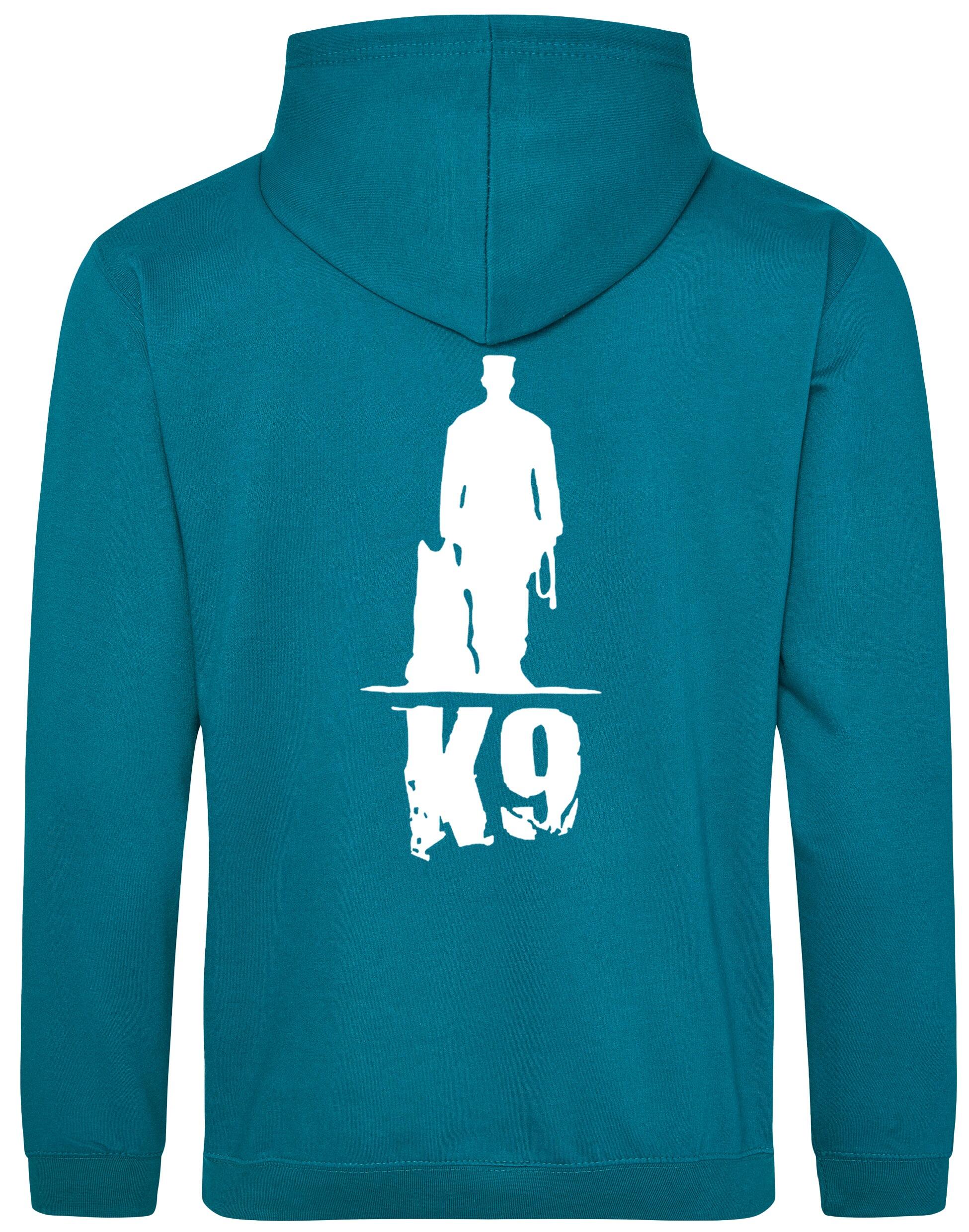 K9 pullover hoodie with exclusive artwork, brushed fleece interior, and personalization options, perfect for dog lovers at events or casual outings.