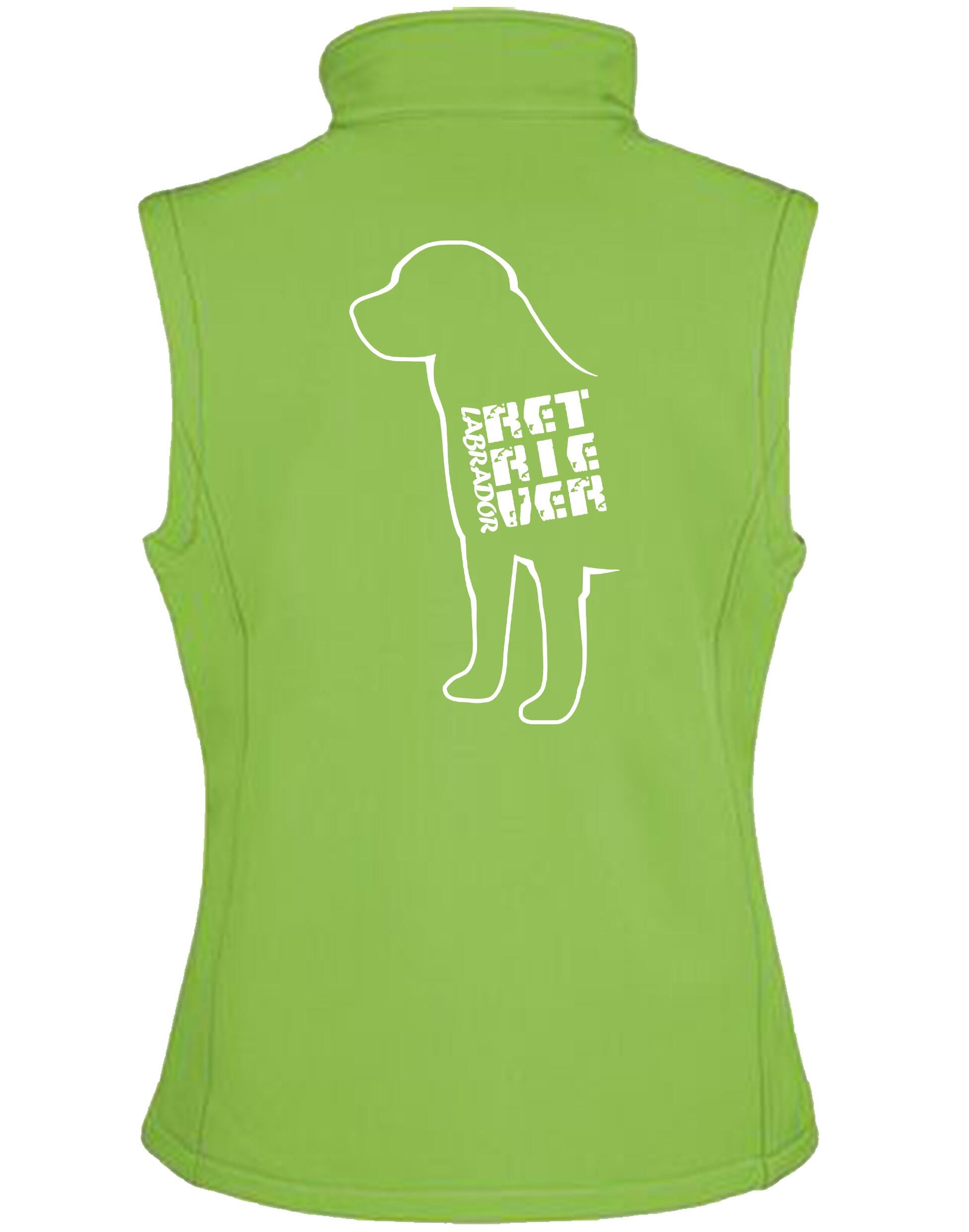 Women’s softshell gilet with exclusive Labrador Retriever artwork, featuring a tailored fit, water-resistant fabric, and customizable options.