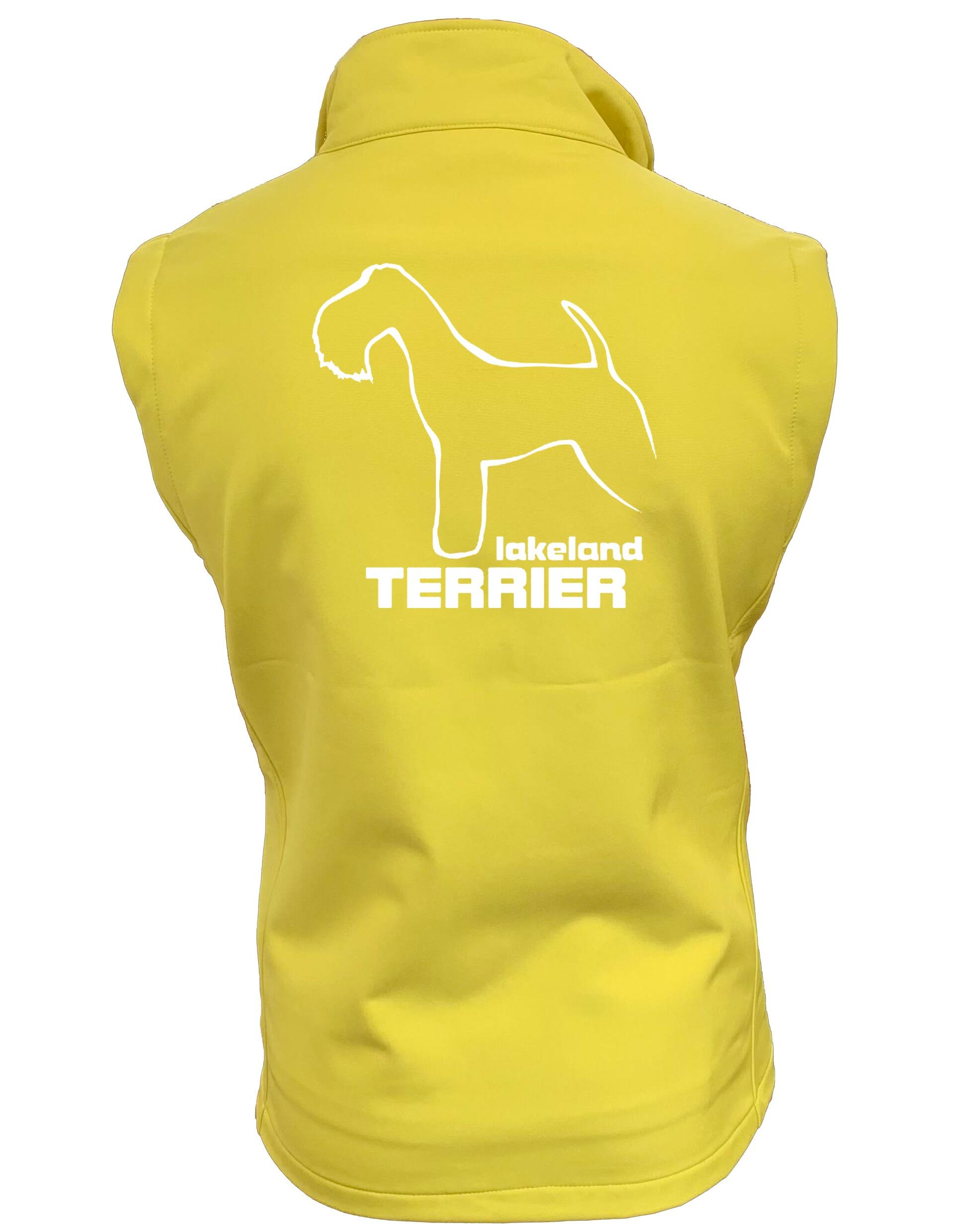 Woman wearing a stylish Lakeland Terrier Softshell Gilet with breed artwork, water-resistant fabric, and fleece lining