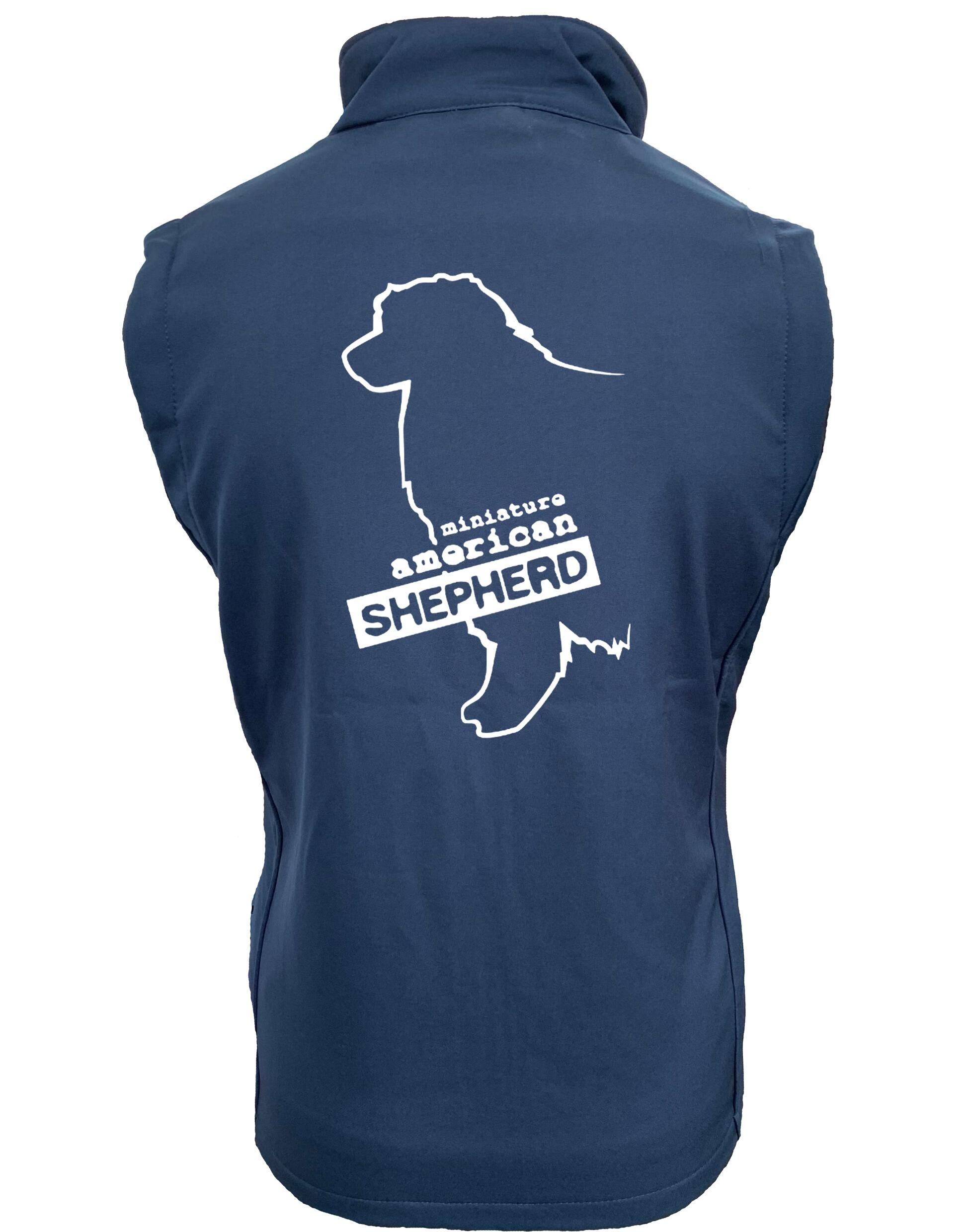 Miniature American Shepherd Women’s Softshell Gilet with water-resistant fabric, fleece lining, and customisable breed artwork for stylish outdoor wear.